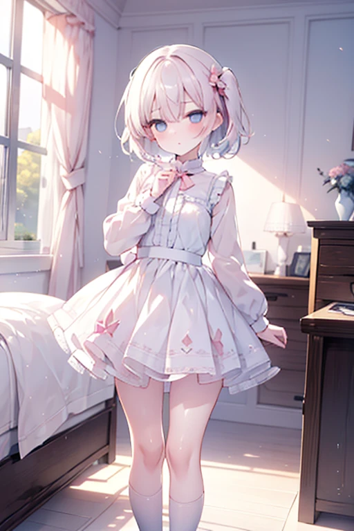 Manipulated 、girl、Hypno Eye 、Expressionless、 my mouth is open、Clothes have long sleeves 、skirt、 lots of frills、White short hair、bedroom、short pink and white socks、 standing、Pee