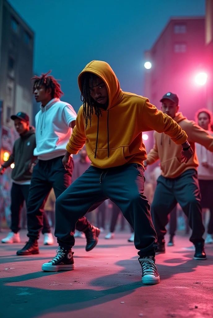 (photorealism:1.2) man, hiphop outfit, dance floor, side view camera shot, model pose, realistic, intricate details, warm colors, realistic, ultra realistic, 4k picture, textured skin,