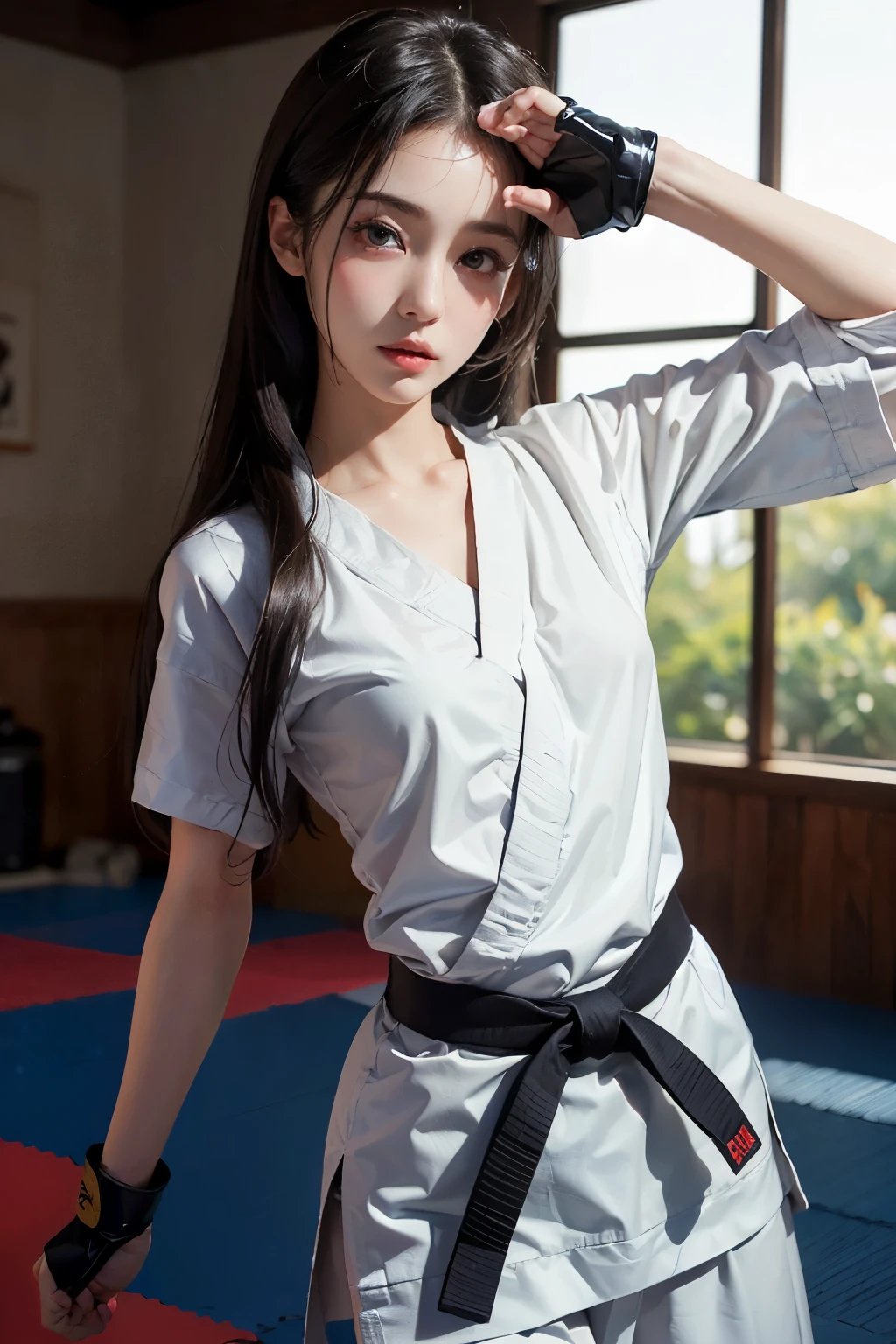 (Gal), Medium Hair,Two-tone hair, blondehair, ((Pink hair、poneyTail)),Pink lip,lightsmile, ((((Cute、Black belt)))), A girl child, (Judogi:1.4),piece sign,masutepiece,Best Quality,Exquisite,absurderes,superfine illustration,(32K、masterpiece, ultra-detailliert、top-quality、masterpiece、reallistic、Photorealsitic、portlate)、One girl、Delicate and beautiful、((Angle from below、Pull up your skirt、Twist the skirt yourself))、Martial arts hall、judo hall、ultra gigantic tits!!enchanting posture, enticing, Beautiful face, pale skin, Shiny skin,(Panty Pose:1.5),