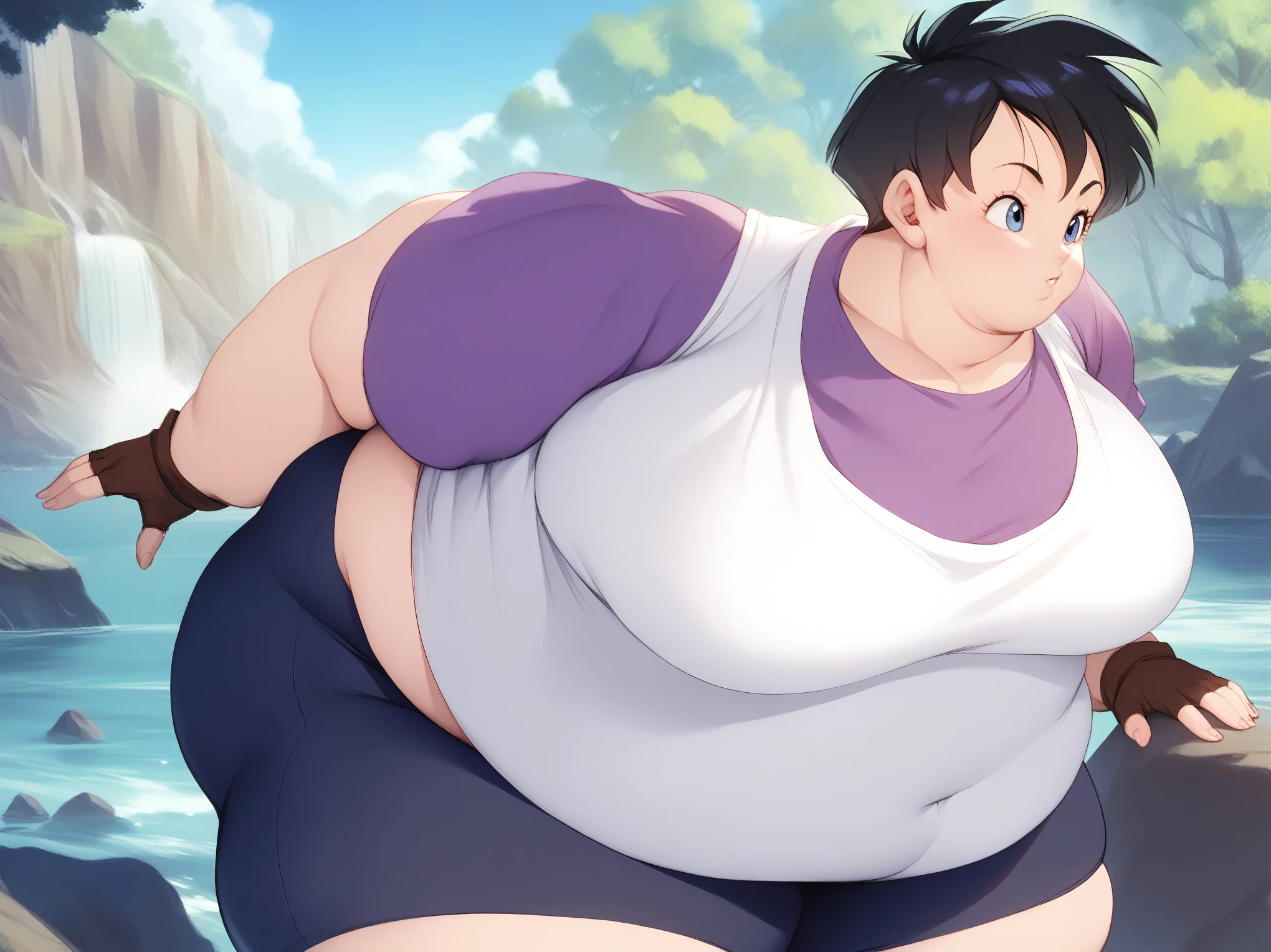 Videl, 1girl, short hair, spiked hair,  blue eyes,  fingerless gloves, bike shorts,  outdoors, open field, trees, rocks, solo, masterpiece, best quality, purple shirt, white shirt,  highly detailed, 8k, fat, chubby, obese, gigantic arms and legs 