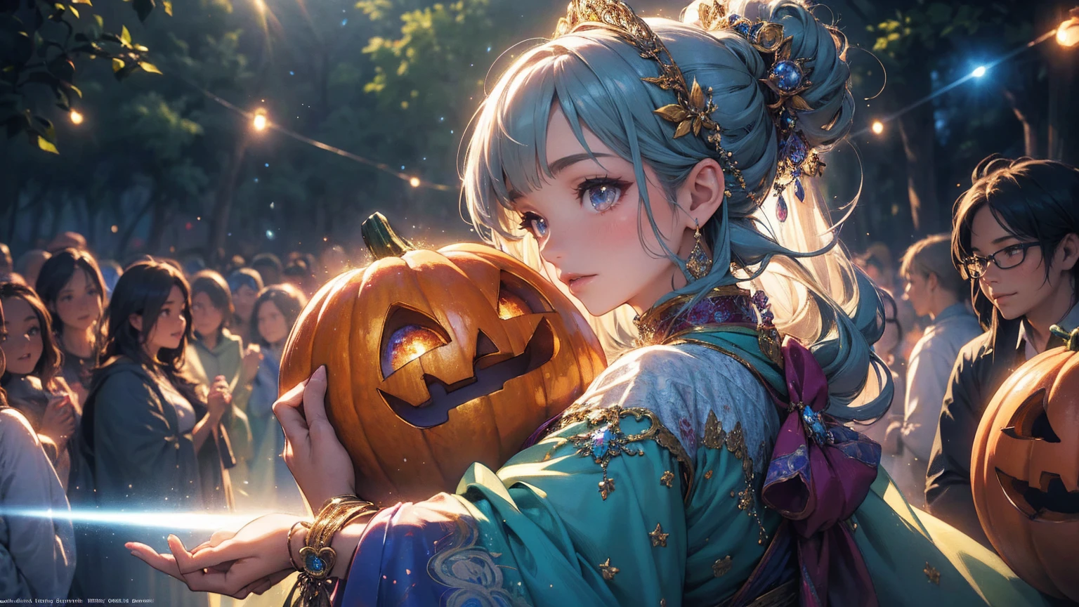 a girl in a beautiful detailed fantasy forest, incredibly detailed pumpkins, magical particles of light dancing, villagers celebrating a joyous festival, people dancing with happiness, cinematic lighting and composition, 16k wallpaper quality, (best quality,4k,8k,highres,masterpiece:1.2),ultra-detailed,(realistic,photorealistic,photo-realistic:1.37),extremely detailed face and eyes, beautiful detailed lips, longeyelashes, colorful, whimsical, ethereal, intricate, vibrant, dramatic