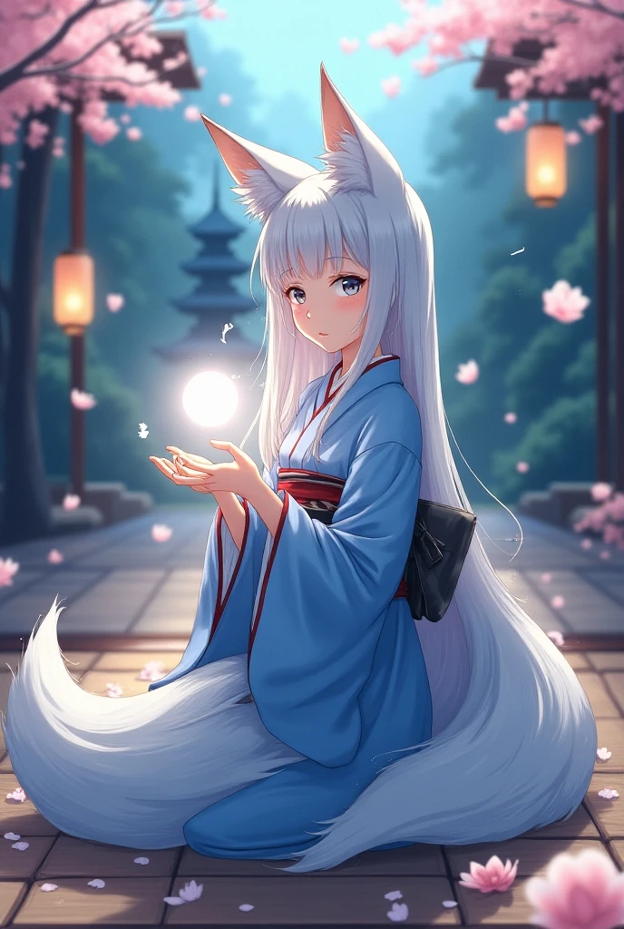 Drawing of a fox with white hair sitting on a branch, ethereal fox, Kyuubi fox, fox three-tailed fox, Onmyoji Detailed Art, Kyuubi, Beautiful artistic illustration, mythical creatures, fox, Beautiful digital art work, Beautiful digital illustrations, Water often, 灵感来自mythical creatures Wildnet, Digital art on pixiv, Bright light, high contrast, horror theme, dark atmosphere,seductive,charming smile