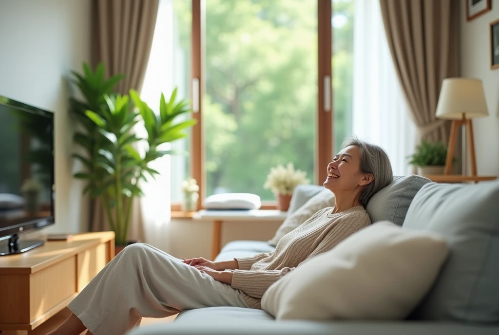 50-year-old woman lying on a bed at home looking happy for a YouTube video