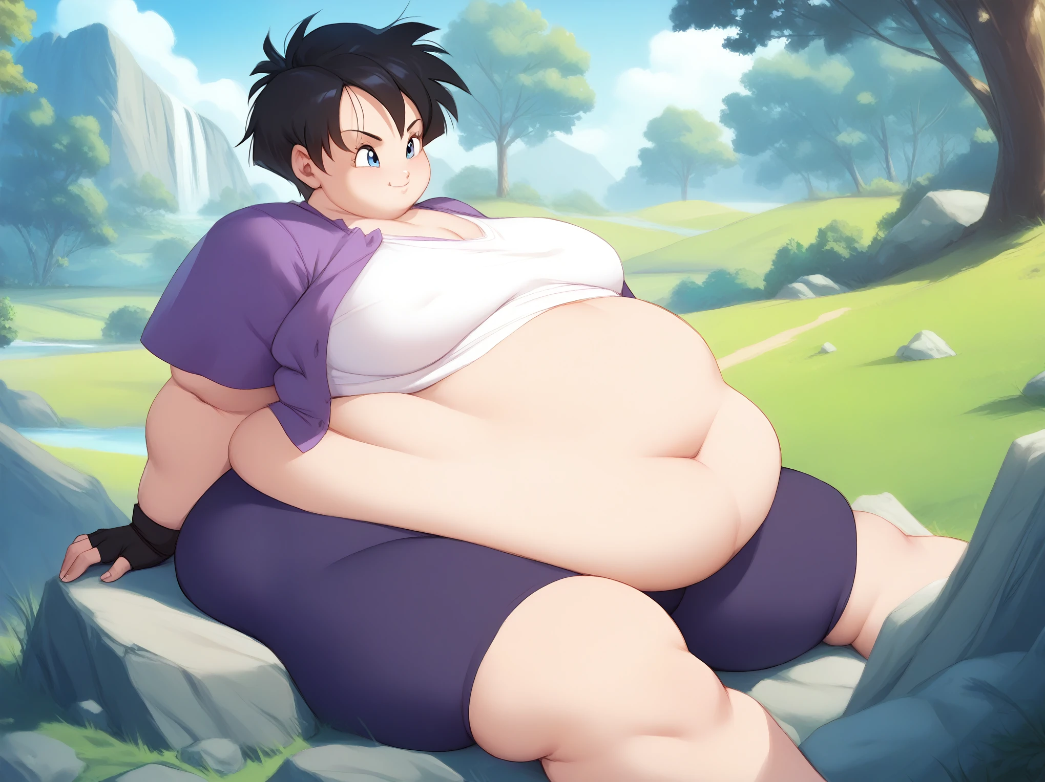 Videl, 1girl, short hair, spiked hair,  blue eyes,  fingerless gloves, bike shorts,  outdoors, open field, trees, rocks, solo, masterpiece, best quality, purple shirt, white shirt,  highly detailed, 8k, sitting, meditating, fat, chubby, obese