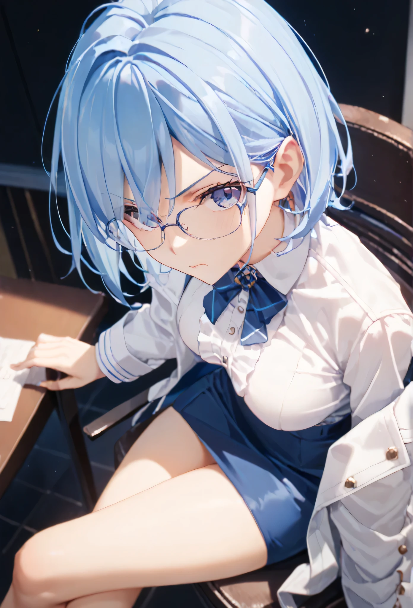 26 years old, 1 woman, medium blue mini skirt, white blouse, white coat, glasses, infirmary teacher, sitting on chair, legs crossed, breasts slightly open, very large breasts, とても太い太もも、beautiful face, glaring, stern expression, short hair, blue hair, blue eyes, from side, infirmary, high resolution, Illustration, masterpiece, high resolution.hand job,cock in each hand,penis,glare at,from above,looking at viewer


