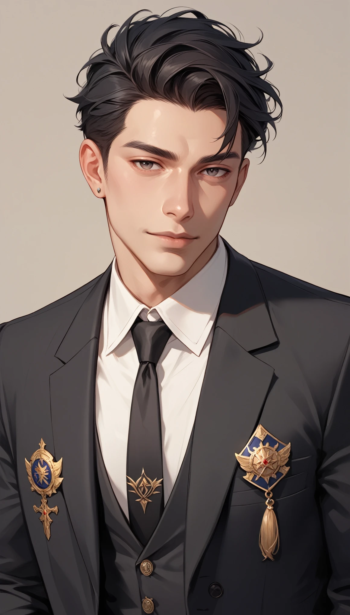 Izayoi Seishin artstyle, (score_9, score_8_up, score_7_up), (best quality, masterpiece),perfect anatomy,(aesthetic,very aesthetic),official style, (ultra-high resolution), 1boy, formal black suit and tie, identification badge hanging around the neck, short spiked dark hair