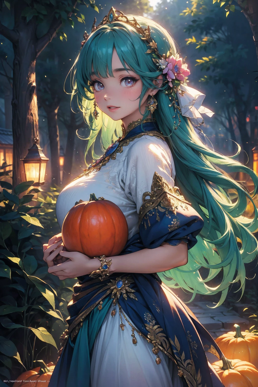 a girl in a beautiful detailed fantasy forest, incredibly detailed pumpkins, magical particles of light dancing, villagers celebrating a joyous festival, people dancing with happiness, cinematic lighting and composition, 16k wallpaper quality, (best quality,4k,8k,highres,masterpiece:1.2),ultra-detailed,(realistic,photorealistic,photo-realistic:1.37),extremely detailed face and eyes, beautiful detailed lips, longeyelashes, colorful, whimsical, ethereal, intricate, vibrant, dramatic