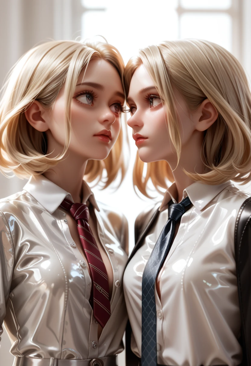 2 girls buttoned in extremely tight shiny silver latex blouse,Necktie,Medium hair, Blonde hair, Lens reflection, Reflected light, Facing each other, Flowing tears, 