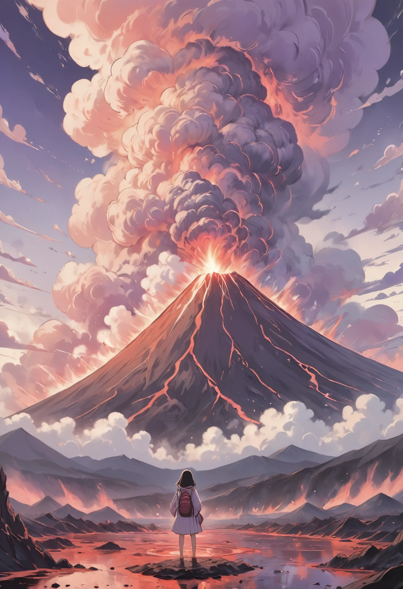 masterpiece, best quality, ultra-detailed, Low Fidelity (lofi) art style, pastel pink and purple tones. A towering volcano erupts, but the explosive energy is subdued into a soft, dreamlike Lofi style. The lava flows gently, with pastel oranges and reds blending softly into the surrounding landscape. The ash and smoke rising from the volcano are depicted as gentle, swirling clouds, tinted in pastel purples and pinks. A small figure stands at the base of the volcano, their back to the viewer, calmly watching the eruption as if it's a quiet natural event. The usually chaotic and destructive energy of a volcanic eruption is transformed into a calm and surreal scene, more reflective and serene than terrifying.