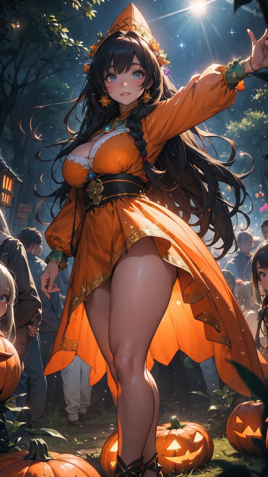 a highly detailed, 8k, ultra-realistic portrait of a beautiful busty young girl with long flowing hair, large expressive eyes, and lush lips, wearing a Halloween pumpkin costume, standing in a magical fantasy forest with dancing light particles, a village festival celebration with joyful dancing people, cinematic lighting and composition, 16k wallpaper quality