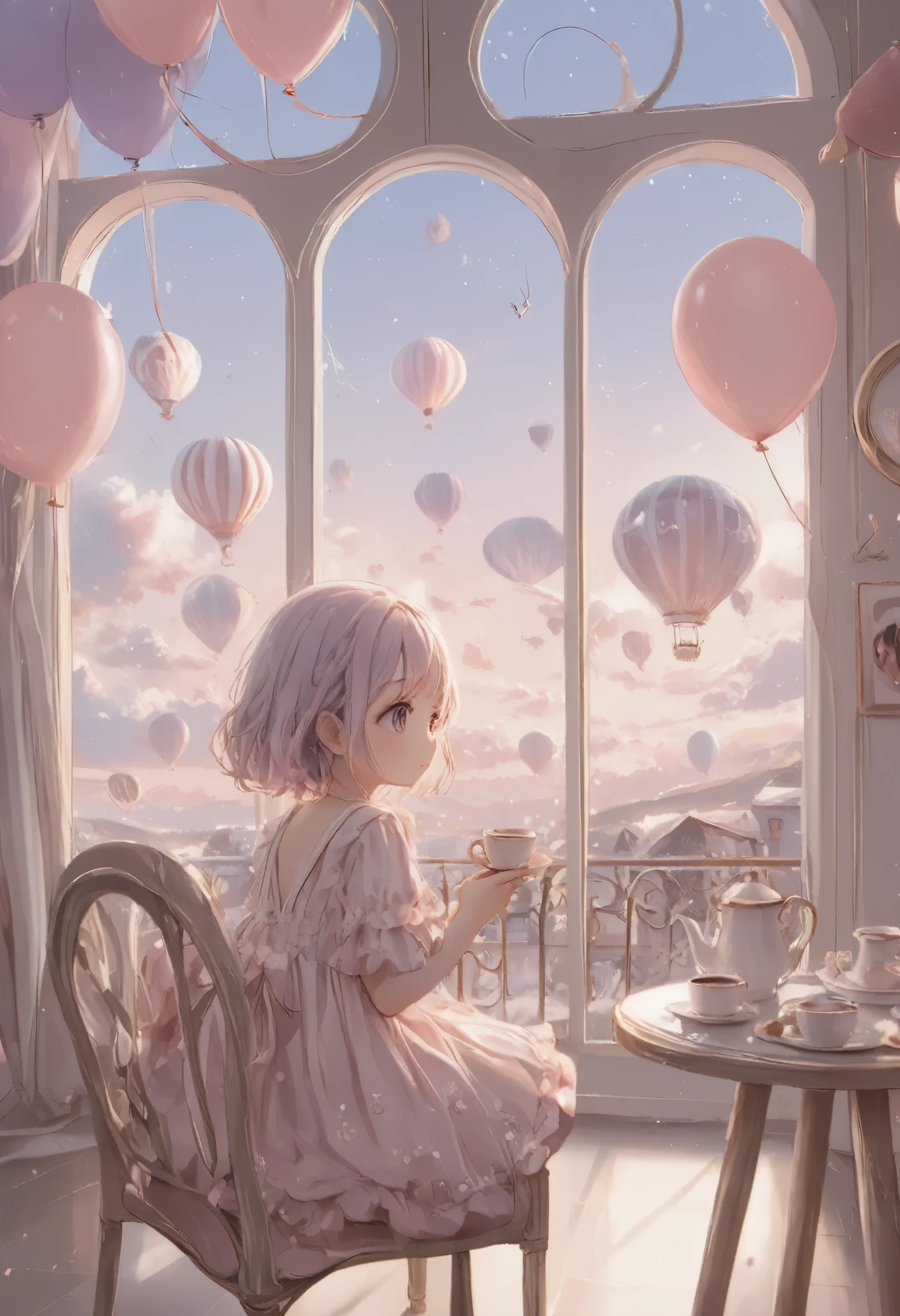 masterpiece, best quality, ultra-detailed, minimal object, chibi, Low Fidelity (lofi) art style, pastel pink and purple tones. A small, cozy café is floating high above the clouds, suspended in the sky by a few simple balloons. The café has a minimal design, with clean, soft lines, and inside, small chibi characters sit at tiny tables, sipping coffee and chatting. Outside the windows, the pastel sky stretches endlessly, with fluffy clouds floating by in soft pink and purple hues. A small chibi figure stands at the café door, their back to the viewer, gazing out at the dreamy sky. The floating café scene is surreal yet calming, creating a peaceful and impossible moment in the sky.