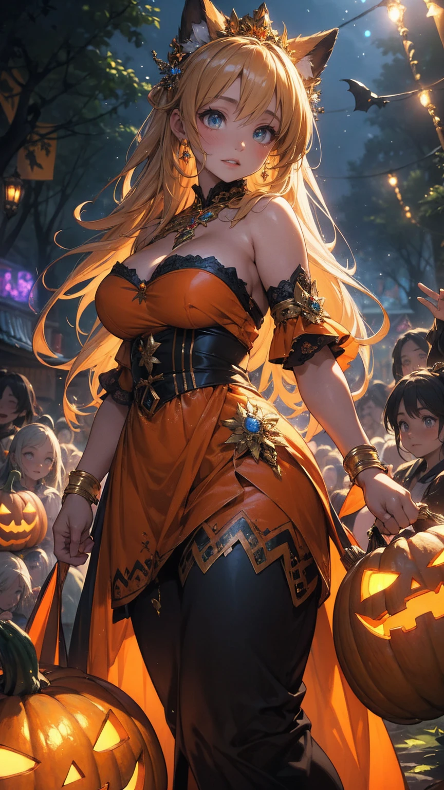 a highly detailed, 8k, ultra-realistic portrait of a beautiful busty young girl with long flowing hair, large expressive eyes, and lush lips, wearing a Halloween pumpkin costume, standing in a magical fantasy forest with dancing light particles, a village festival celebration with joyful dancing people, cinematic lighting and composition, 16k wallpaper quality