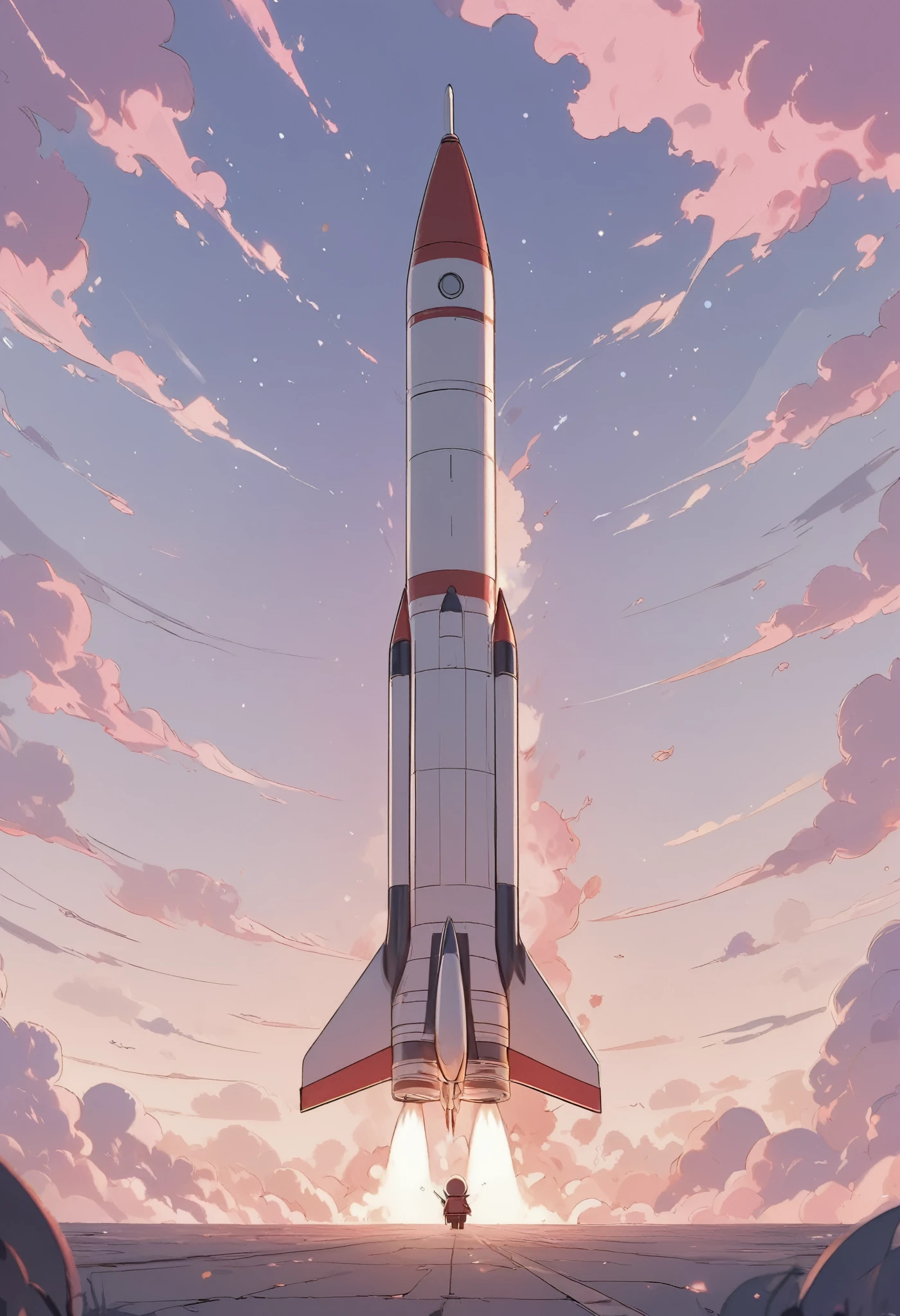 masterpiece, best quality, ultra-detailed, Low Fidelity (lofi) art style, pastel pink and purple tones,minimal object,chibi,A rocket launch is shown in an unexpectedly calm and slow way, with the rocket gently lifting off into a soft, pastel sky. The flames and smoke from the engines are muted, with soft pinks and purples blending into the sky, creating a surreal, dreamlike atmosphere. The launchpad and surrounding area are simplified, with clean lines and minimal detail, giving the scene a sense of stillness despite the movement. In the foreground, a small figure stands with their back to the viewer, watching the rocket ascend slowly, almost peacefully. The energy and intensity of a typical rocket launch are reduced to a calm, floating ascent, more reflective and serene than thrilling.