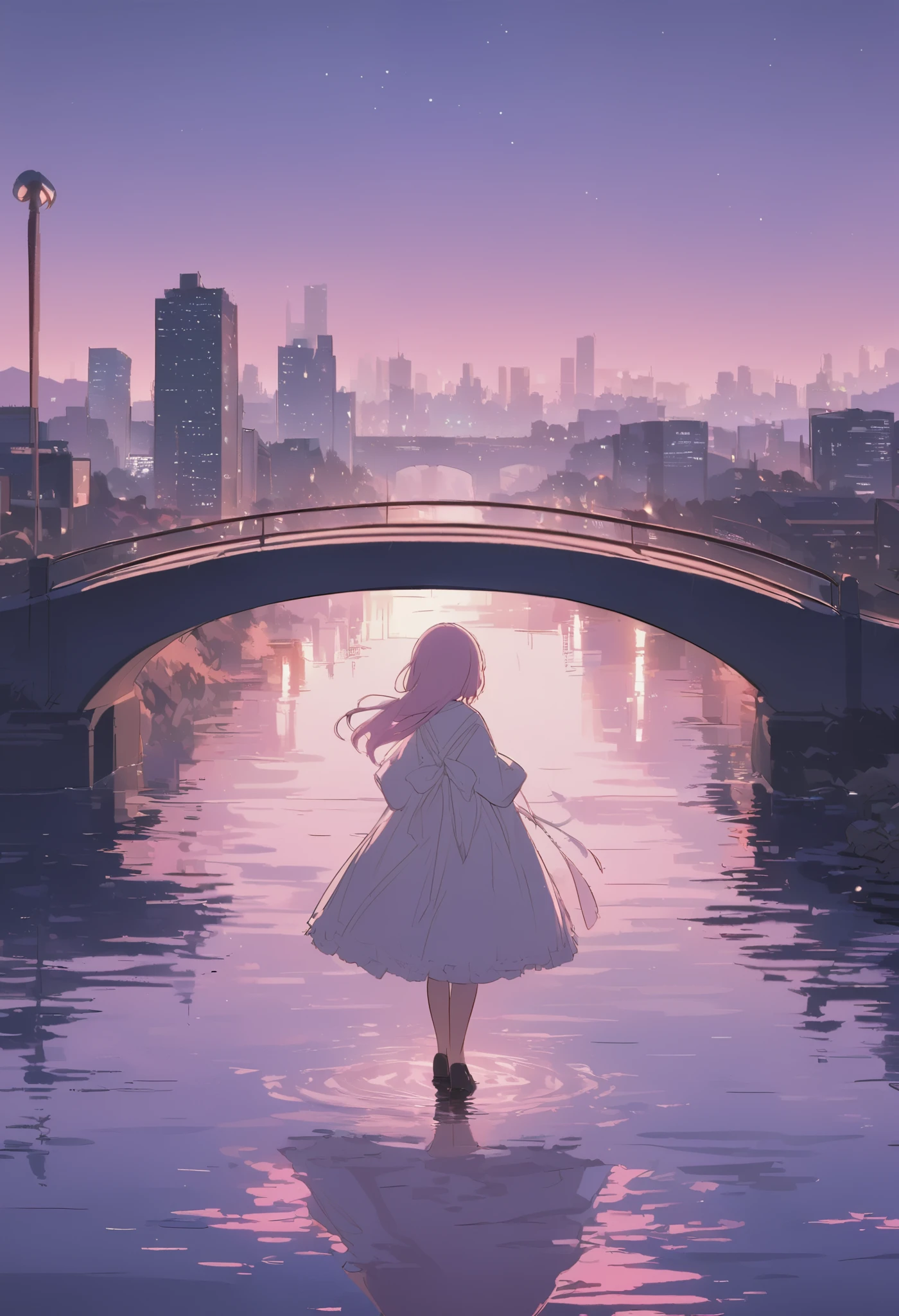 masterpiece, best quality, ultra-detailed, Low Fidelity (lofi) art style, pastel pink and purple tones, minimal cityscape. A simple, quiet bridge stretching over a calm river at night, with a soft pink and purple sky above. The figure stands near the edge of the bridge, their back to the viewer, gazing out at the faint outlines of buildings in the distance. The cityscape is simplified, with only the soft glow of a few lights visible in the background. The bridge itself is clean and minimal, with simple lines and soft shadows cast by the streetlamps. The entire scene feels calm and open, with the minimal details drawing attention to the quiet moment of reflection shared by the figure and the city.