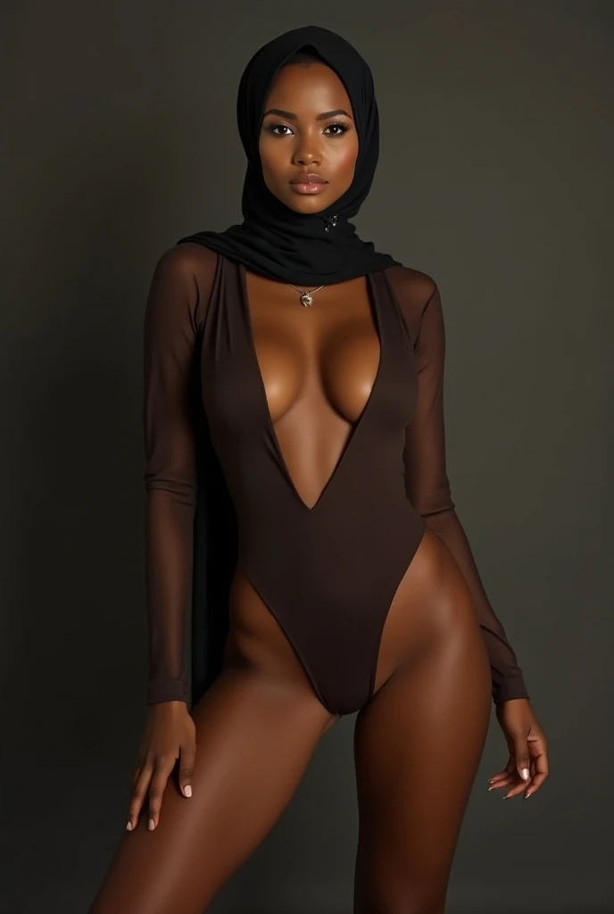 generate a master photograph describing a shapely Woman, (8K, best quality), she has a physique like Cherokee D'Ass, (white blouse with taupe scarf covers her small chest), wearing a tan jacket with long sleeves, (demure chest, small tiny waist, small tiny breasts), full body, (She has massive buttocks, Most massive booty, Most massive glutes), Womanly, Womancore, (She has wide hips, big hips, trapezoidal hips, extremely wide hips), (dark skin, glistening skin, beautiful complexion), shot on Fujifilm superia, (Studio soft light, high detail, cinematic lighting, rim lighting) --auto --s2