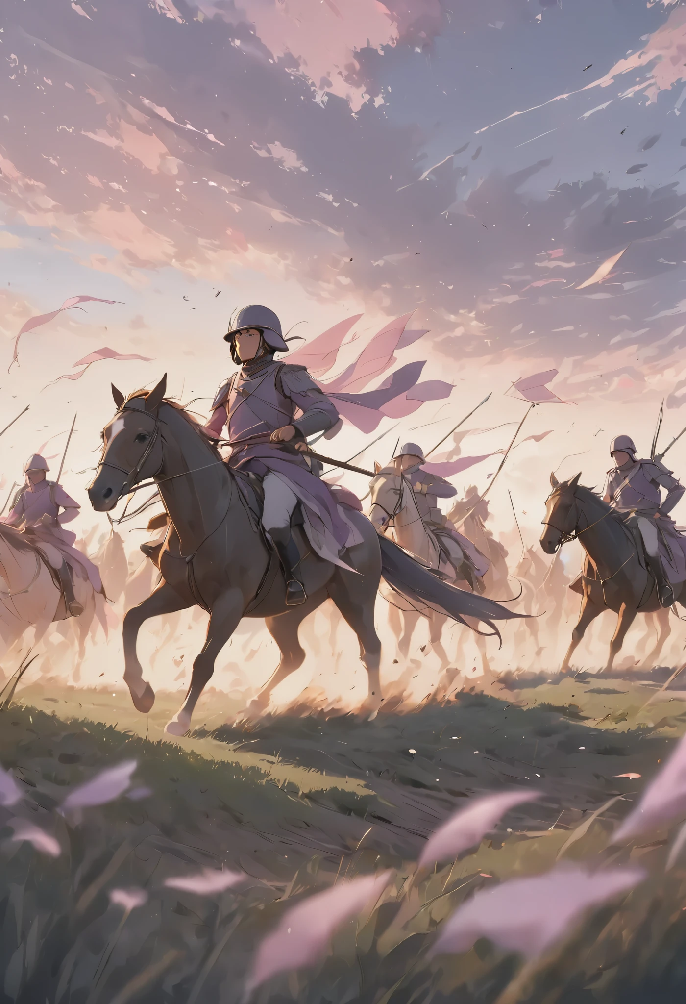 masterpiece, best quality, ultra-detailed, Low Fidelity (lofi) art style, pastel pink and purple tones. A cavalry charge across an open battlefield is depicted in soft, dreamlike motion. The horses and riders move slowly, their forms simplified with soft lines, almost as if they’re gliding across the field. The dust kicked up by the horses' hooves is muted into gentle pastel clouds, and the banners carried by the soldiers flutter softly in the breeze. The background is a soft blur of grass and sky, painted in calming shades of pink and purple. In the distance, a small figure stands with their back to the viewer, watching the cavalry charge unfold. The intensity and urgency of a typical battle charge are subdued, transforming the scene into a peaceful and reflective moment.