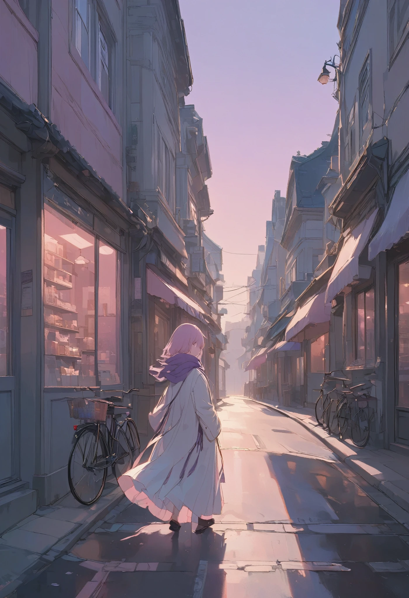 masterpiece, best quality, ultra-detailed, Low Fidelity (lofi) art style, pastel pink and purple tones. A quiet street in a small shopping district, with old-fashioned storefronts lined up along the road. The signs on the shops are softly lit as the evening approaches. At the far end of the street, a single figure is seen walking away, their back to the viewer, wearing a light coat and a scarf that slightly flutters in the breeze. The street is empty except for a few scattered bicycles leaning against the storefronts. Above, the sky is a soft gradient of pink and purple, with the streetlights casting a gentle glow over the quiet scene. The atmosphere is calm and nostalgic, capturing a moment of peaceful solitude in the heart of the city.