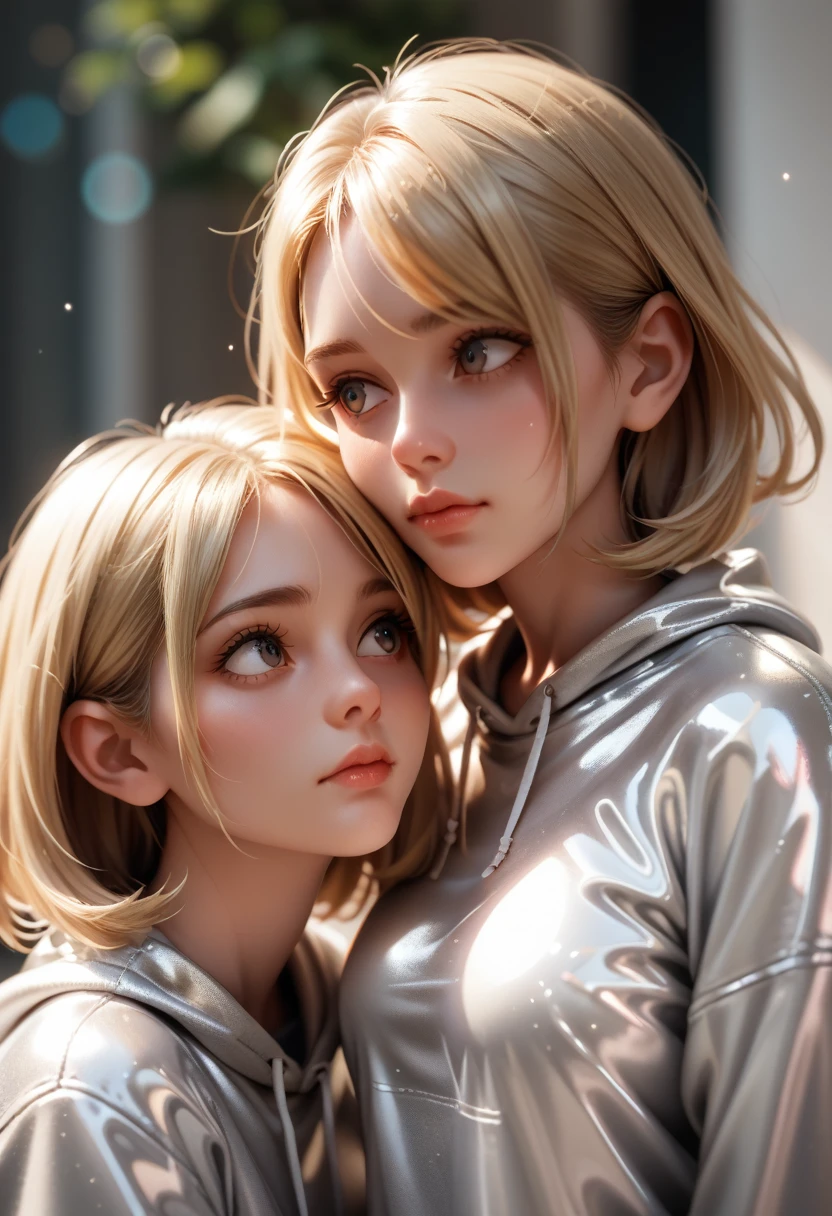 2 girls in extremely tight shiny silver latex sweatshirt,Medium hair, Blonde hair, Lens reflection, Reflected light, Facing each other,  cheek to cheek , 