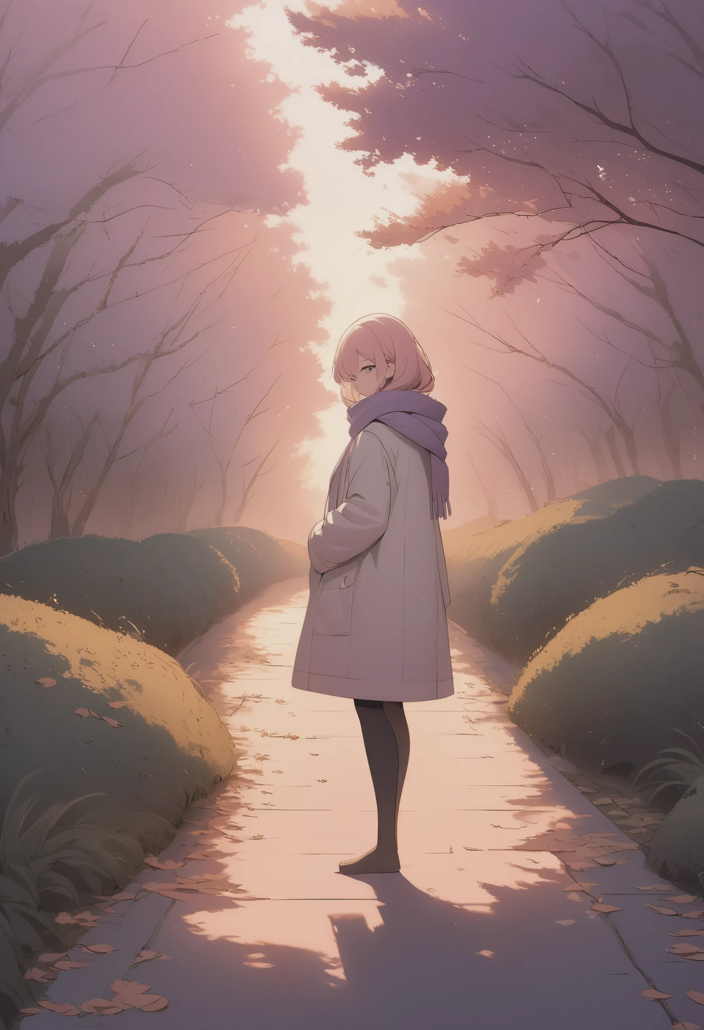 masterpiece, best quality, ultra-detailed, Low Fidelity (lofi) art style, pastel pink and purple tones with soft touches of orange in the background. A quiet, narrow path winds gently through a small neighborhood, with a few scattered leaves on the ground. At the far end of the path, a single figure stands with their back to the viewer, facing a soft, fading sunset. The figure is dressed in a light jacket and has a scarf draped loosely around their neck, their posture relaxed as they take in the peaceful scene. Behind them, distant trees show faint hints of autumn colors, but the focus remains on the calm path and the solitary figure. The sky is painted in soft shades of pink and purple, with the warm light of the setting sun casting long shadows. The entire scene feels peaceful and reflective, with the figure adding a subtle human presence to the minimalist landscape.