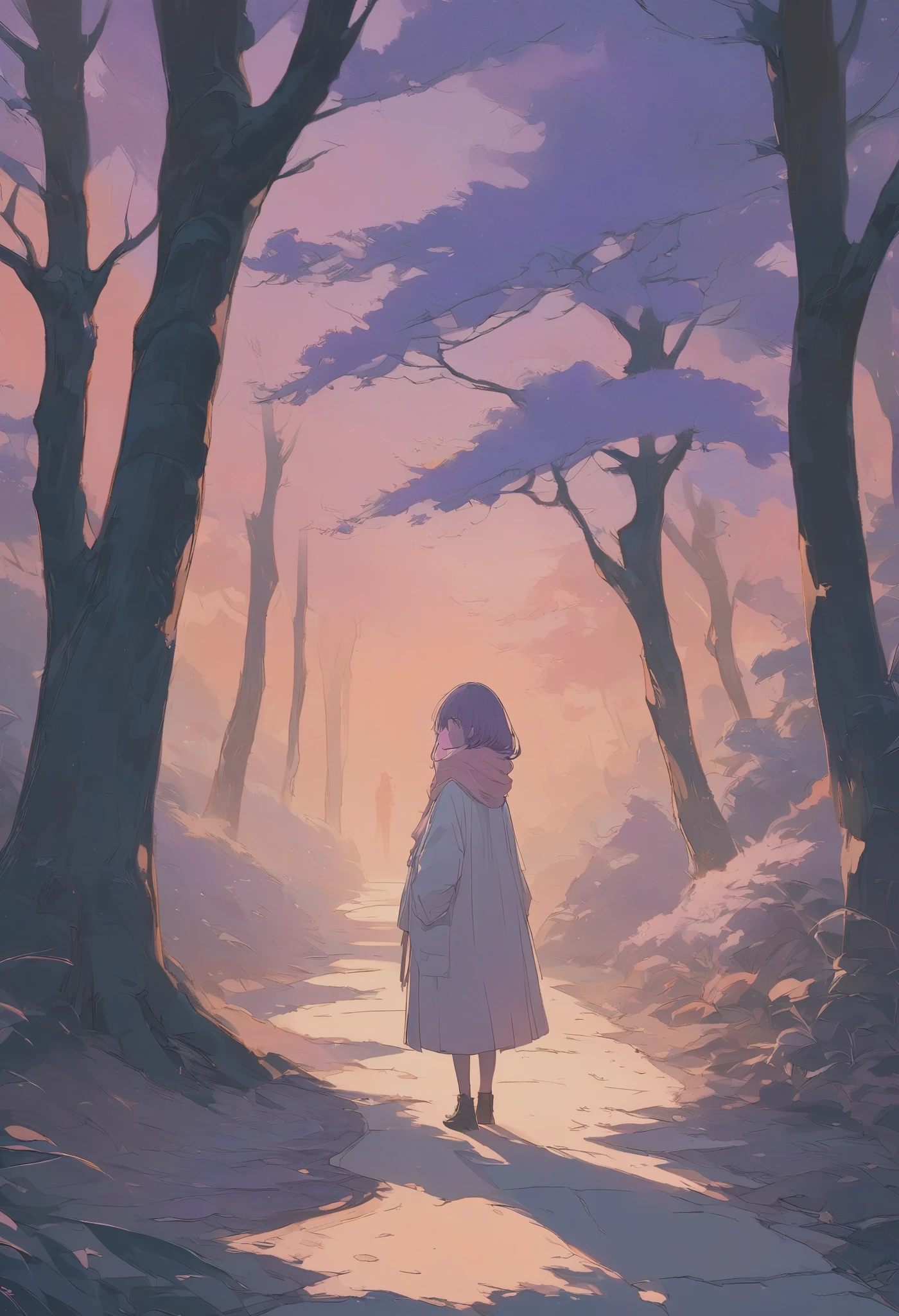 masterpiece, best quality, ultra-detailed, Low Fidelity (lofi) art style, pastel pink and purple tones with soft touches of orange in the background. A quiet, narrow path winds gently through a small neighborhood, with a few scattered leaves on the ground. At the far end of the path, a single figure stands with their back to the viewer, facing a soft, fading sunset. The figure is dressed in a light jacket and has a scarf draped loosely around their neck, their posture relaxed as they take in the peaceful scene. Behind them, distant trees show faint hints of autumn colors, but the focus remains on the calm path and the solitary figure. The sky is painted in soft shades of pink and purple, with the warm light of the setting sun casting long shadows. The entire scene feels peaceful and reflective, with the figure adding a subtle human presence to the minimalist landscape.