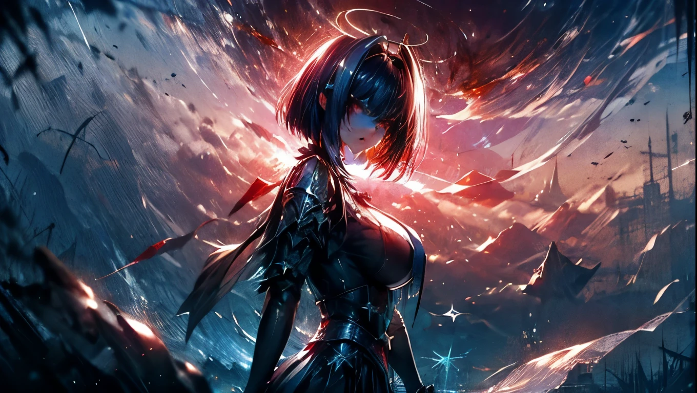 (masterpiece:1.1), (Best quality:1.1), (muted colors:1.1), BREAK, (Dark Fantasy:1.1), (creepy:1.1), (frowning:1.1), (horror:1.0), (luminous:1.0), BREAK, (One:1.2), (Goth girl:1.0), (bob haircut:1.0), (armor:1.0), (frilled skirt:1.0), (shoulder pads:1.0), (mittens:1.0), (a sword:1.0), (Looking at the viewer:1.0), (covered in blood:1.2), (blood:1.2), (exhausted:1.2), (tired:1.2), (Serious:1.0), BREAK, (Starlight Night:1.2), (Moonlight:1.1), (full moon:1.0), big breasts