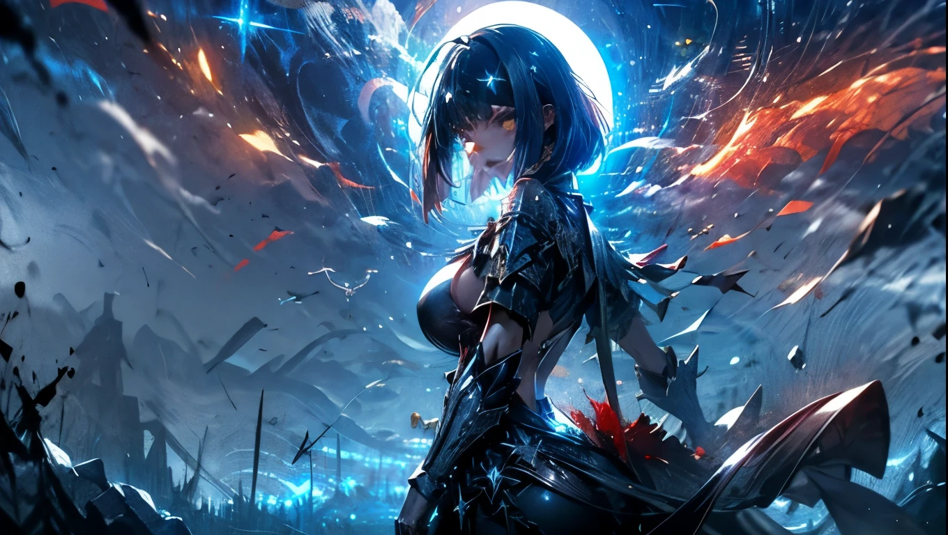 (masterpiece:1.1), (Best quality:1.1), (muted colors:1.1), BREAK, (Dark Fantasy:1.1), (creepy:1.1), (frowning:1.1), (horror:1.0), (luminous:1.0), BREAK, (One:1.2), (Goth girl:1.0), (bob haircut:1.0), (armor:1.0), (frilled skirt:1.0), (shoulder pads:1.0), (mittens:1.0), (a sword:1.0), (Looking at the viewer:1.0), (covered in blood:1.2), (blood:1.2), (exhausted:1.2), (tired:1.2), (Serious:1.0), BREAK, (Starlight Night:1.2), (Moonlight:1.1), (full moon:1.0),