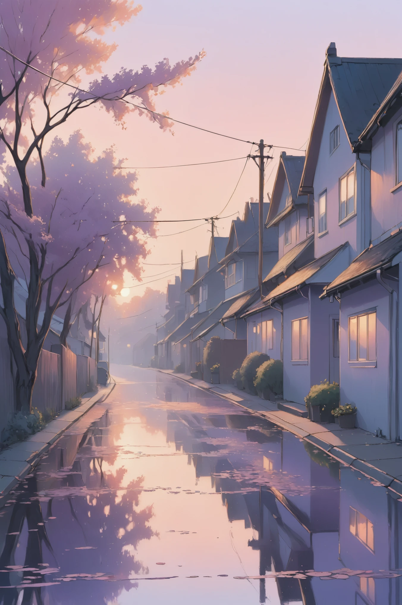 masterpiece, best quality, ultra-detailed, Low Fidelity (lofi) art style, pastel pink and purple tones. A simple, minimalist scene of a quiet suburban street at dusk, where the primary focus is a single set of power lines stretching across the sky. A small bird is perched on the wire, silhouetted against the soft gradient of pink and purple in the evening sky. Below, the faint outlines of rooftops can be seen, bathed in the gentle glow of a setting sun. The street is calm and empty, with only a few scattered leaves drifting on the breeze. The scene captures a moment of quiet reflection, with just enough detail to convey the peaceful atmosphere of a fading day.
