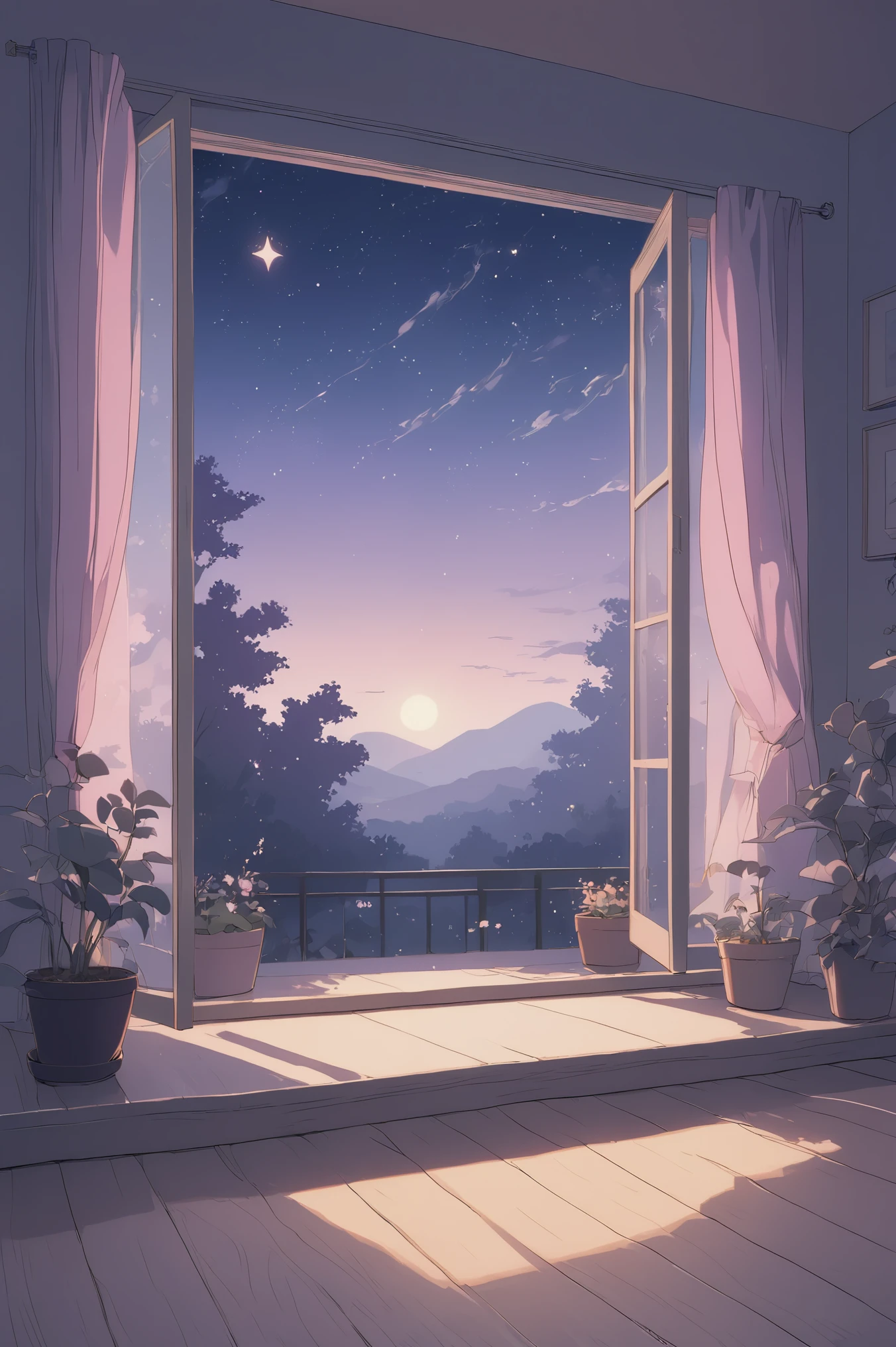 masterpiece, best quality, ultra-detailed, Low Fidelity (lofi) art style, pastel pink and purple tones. A minimalistic scene of a large window with soft curtains slightly swaying in the breeze. Outside, the night sky is a deep purple, dotted with a few twinkling stars. A small potted plant sits on the windowsill, casting a soft shadow on the wooden floor. The room is dimly lit by a single lamp, casting a warm, gentle glow that reflects off the window. The view outside is calm and quiet, with the faint outline of distant rooftops and trees barely visible in the soft moonlight. The entire scene feels peaceful and serene, with minimal elements creating a sense of calm and solitude.