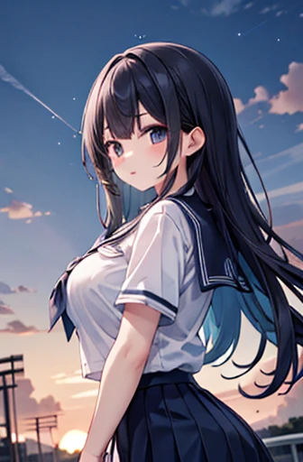 {masterpiece}, {Best Quality}, 1 girl,School_uniform,sunset, Big Breasts、 Black Hair Long Hair 、