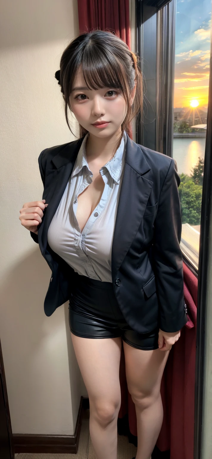 masterpiece, best quality, illustration, Super detailed, fine details, High resolution, 8K,wall paper, perfect dynamic composition,(Details High quality, realistic depiction of eyes:1.3), Office Lady, ,Suit,Collared shirt, Black Suit,Black jacket, updo, huge breasts, Colossal tits, black hair color, Big Natural Color Lip, bold sexy pose, crying a little、20 year old girl、cute type、lolita、beautiful legs, hotel room, full body photo、focus on crotch, hposing Gravure Idol, Sexy shot looking at camera, Sunset, by the window, Summer, make up, Curve
