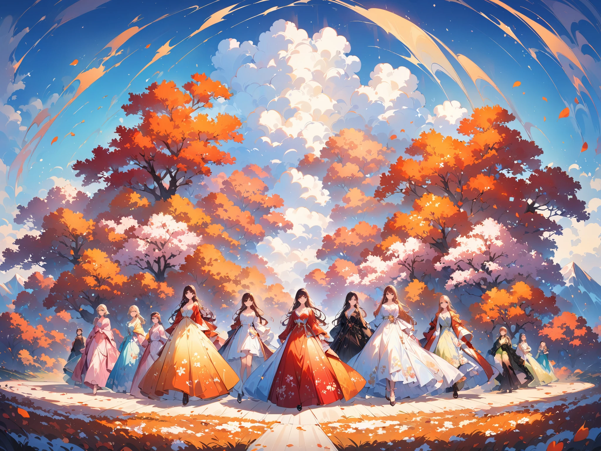 Models walking along a runway that transitions through the four seasons, each section representing a different time of the year. The spring section features models in floral dresses surrounded by cherry blossom petals, the summer section has light linen outfits under a bright blue sky, the autumn section showcases warm-colored coats among red and orange leaves, and the winter section includes luxurious fur-lined gowns with a snowy backdrop. The scene captures the vivid colors of each season and the seamless transformation from one to the next, creating a visually stunning journey through the year.
(masterpiece, best quality, very aesthetic, absurdres), (8k, RAW photo, best quality), (extremely detailed 8k wallpaper),