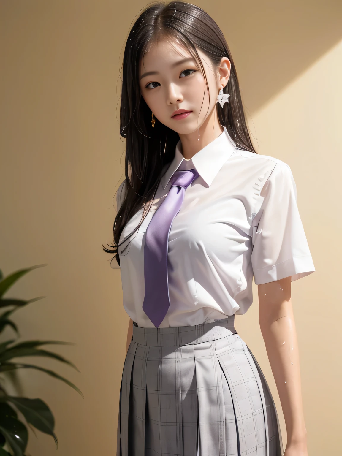 (Highest quality、8k、32K、masterpiece、Hmph:1.2)、(masterpiece, Highest quality), Realistic photos, high school girl、very cute、15 years old、Short Ponytail、sexy、Instagram, Bright colors, High Dynamic Contrast, Slender figure、thin、Small, shapely breasts、One person、Gray Hair、 Purple eyes, Lips parted, blush, compensate, 軽いsmile, Red tie、A thin white short-sleeved shirt that is slightly translucent.、sexy、Green exy、Sweat, Wet, light, Shine, Tight waist, (masterpiece), Pink Wallpaper,Sitting in a chair、I can see your thighs、sexy、smile