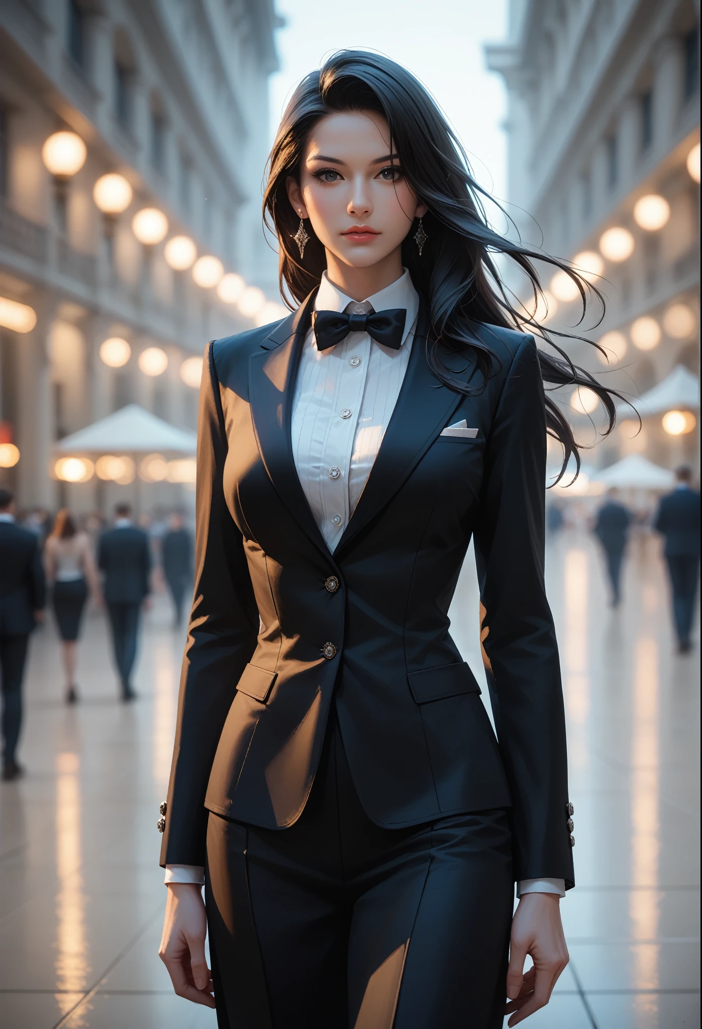 score_9, score_8_up, score_7_up, (masterpiece, UHD, 8K, 16K, ultra detailed), sfw, upperbody shot, 1girl, black hair, straight long hair, himecut, black tuxedo, catwalk, flashy light background, fashionista, (depth of field), bokeh, diffused light, dramatic ambient 