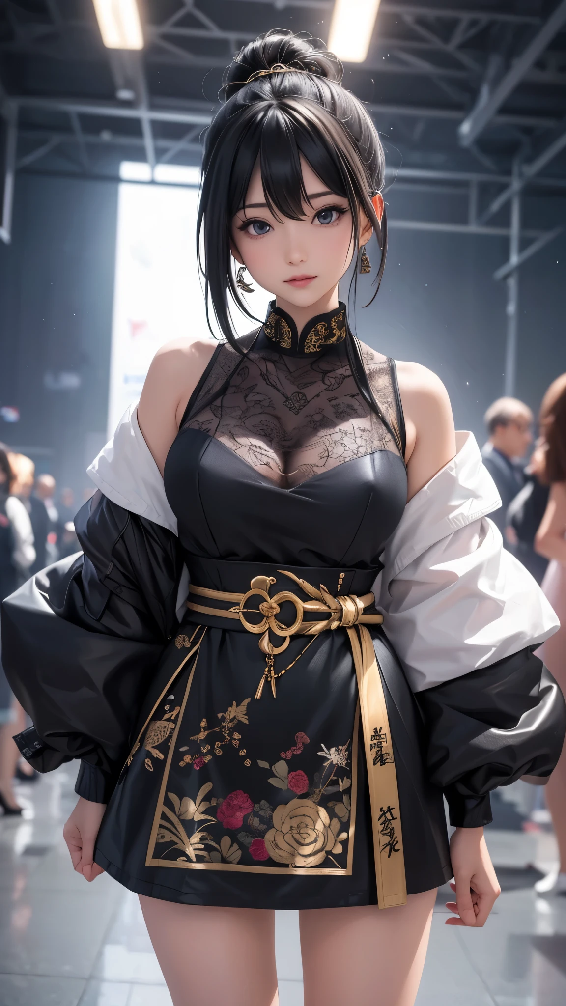 a beautiful girl in vintage colors aodai , masterpiece, best quality, realistic:1.3, street, cyberpunk, holding bundle of adubon flowers, sunlight, backlighting, ((((hdr)))), intricate scene, artstation, intricate details, vignette