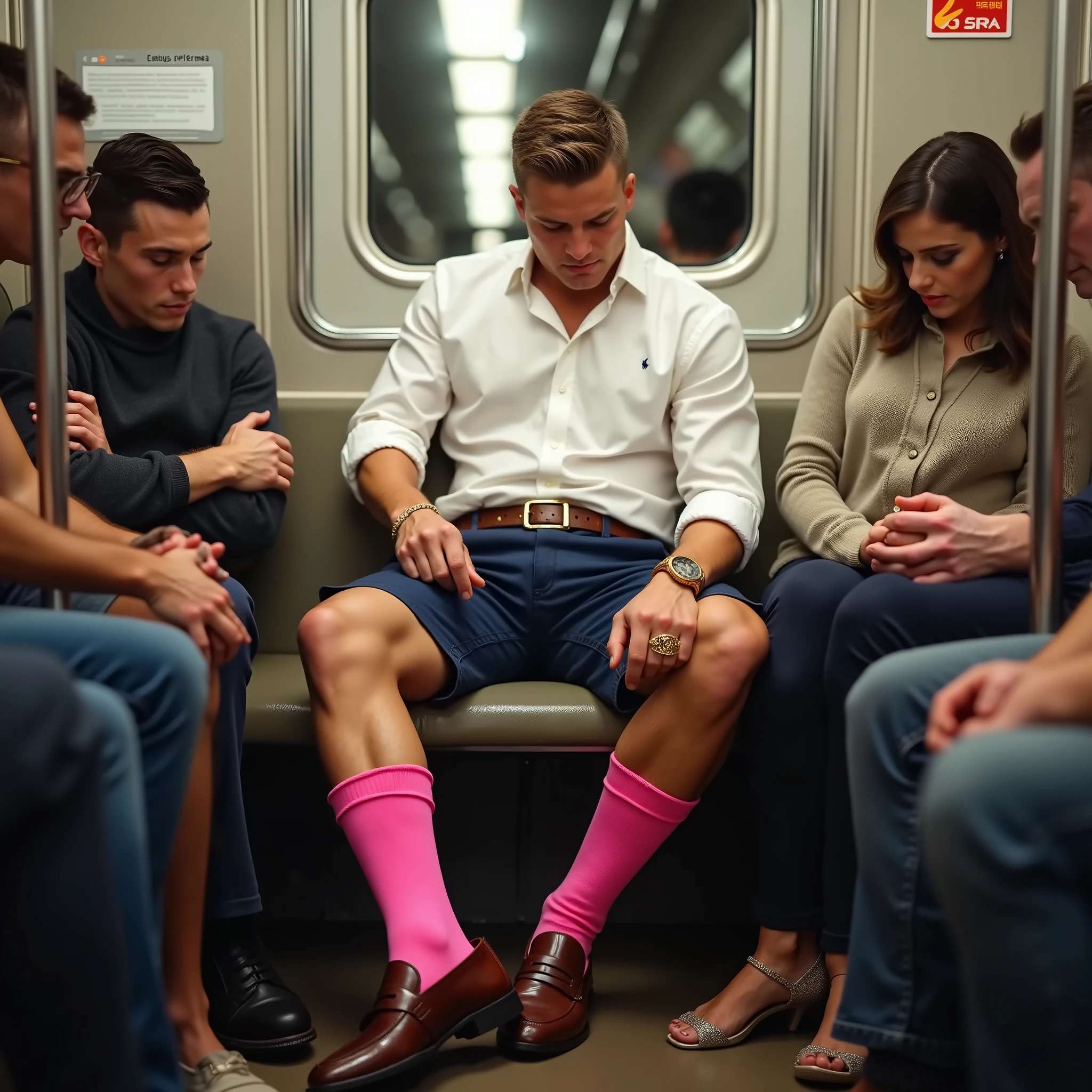 A cheap anime-style LGBT image of a daddy that conveys confidence and calm, daddy is sitting VPL inside the subway talking on his cell phone, VPL, daddy vestindo roupas de jogador de futebol com coxas definidas vpl , poor lighting inside the subway at ht, VPL.