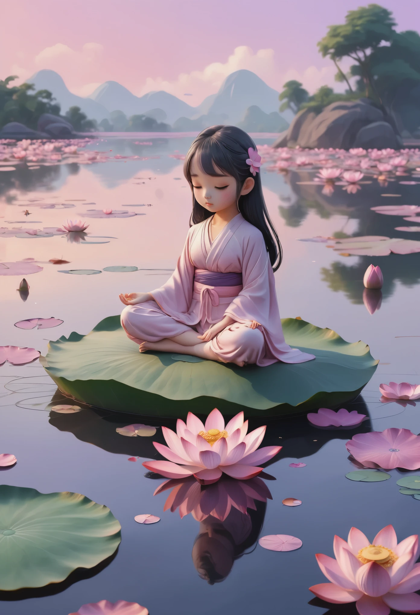 masterpiece, best quality, ultra-detailed, minimal object, chibi, Low Fidelity (lofi) art style, pastel pink and purple tones. A small island floats gently on a calm lake, but instead of earth, the island is made entirely of giant lotus petals that softly sway in the breeze. The petals are pastel-colored, blending seamlessly with the soft pink and purple hues of the sky above. At the center of the island, a tiny chibi figure sits cross-legged, their back to the viewer, peacefully meditating as the lotus petals gently rock them. The surrounding lake is smooth and reflective, with only a few ripples breaking the stillness. The surreal nature of the lotus island combined with the quiet, meditative atmosphere creates a calming, otherworldly scene.