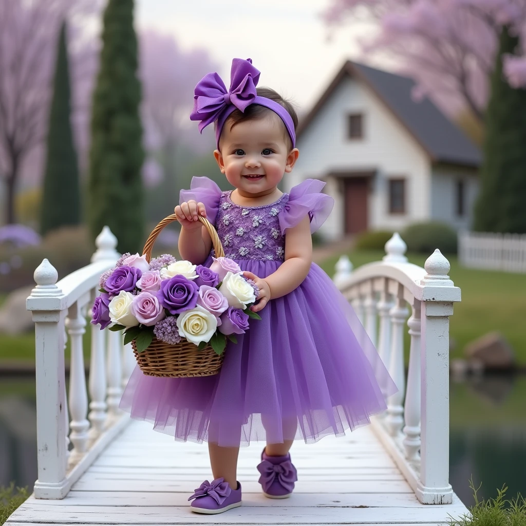 illustration of a baby girl in 3D Pixar style Disney, extavagant, headband flowers, olive skin, blue eyes, ombre hair, long hair, basket of flowers in hands, lovely pose, black eyes, wearing a fairy outfit pastel colors glitter, mint green, pink, and soft purple, exuberant, perfect, centered in the photo with a white background, nitid, fairy vibes, standing, pink flat shoes, vibrant, white background