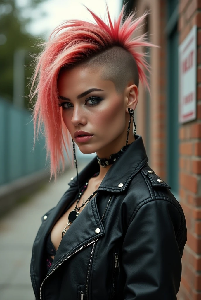 Young adult woman 22 years realistic, sexy with medium tits, modern punk style similar to harley queen, with long blonde and a little pink hair, with a broken heart tattoo full body