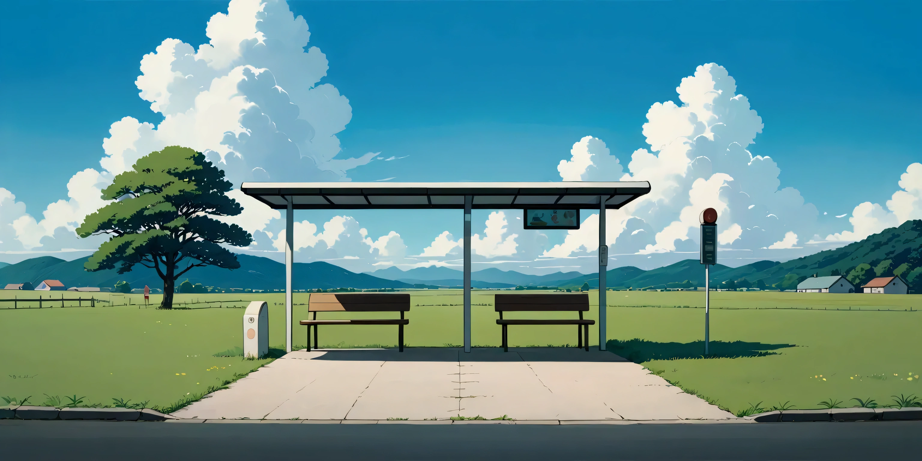 (minimalism:1.4), Bus stop , Studio Ghibli art, Miyazaki, pasture with blue sky and white clouds ,pastel , cute