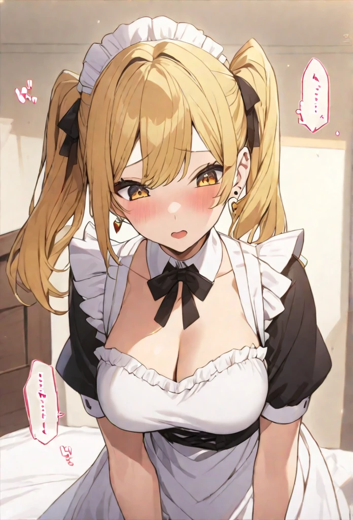 Maid uniform,On the bed,sexy,Golden Hair, twin tails,Large Breasts,  earrings, 