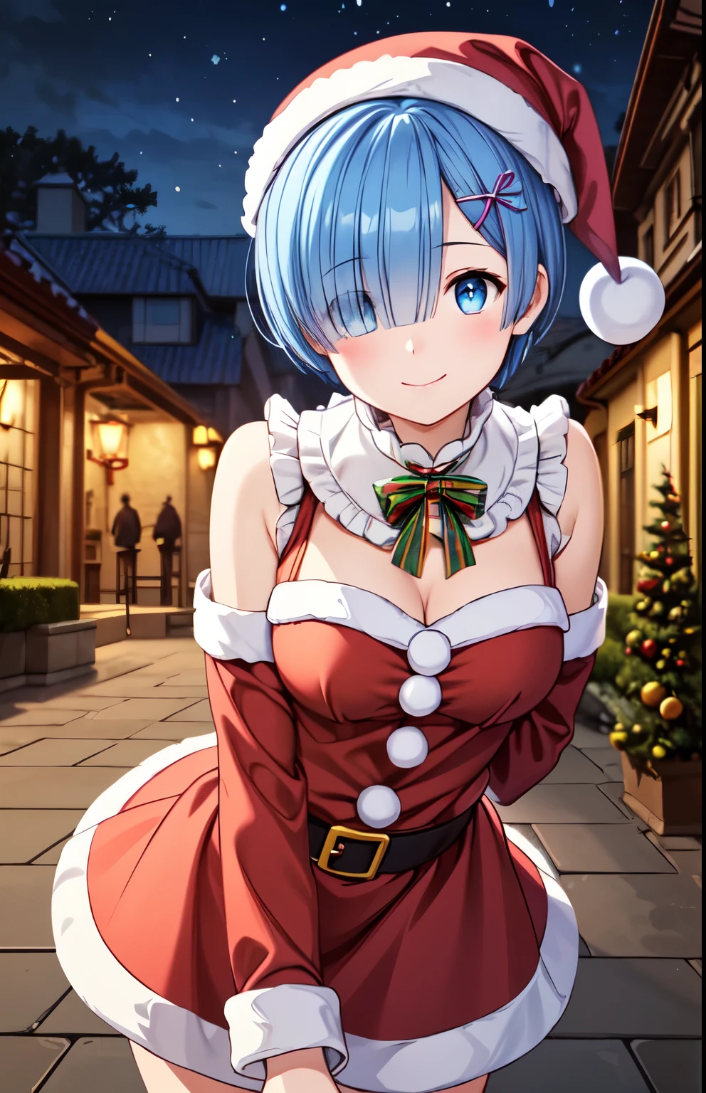  very detailed , 4K,8k,Extremely detailed CG、 Sexy Poses、 High Resolution 、超 High Resolution ,　( animated illustration style :1.5)、 1 girl, Closed Mouth、smile,blush、REM,garden、Standing, ( Santa hat、Santa costume:1.5)、Charming light blue beautiful hair、 shortcuts 、Hands on chest、 ,(Delicate eyes,blue eyes),(smile), one eye is hidden, (Cover your right eye),  Hair Over One Eye , HAIR ACCESSORIES,Aribon,separation_sleeves, pink_ribbon,whole body, smile、Closed Mouth、 cowboy shot、  perfect lighting, Extremely detailed CG、 (Genuine、Realisticな、Realistic)、Embarrassed

