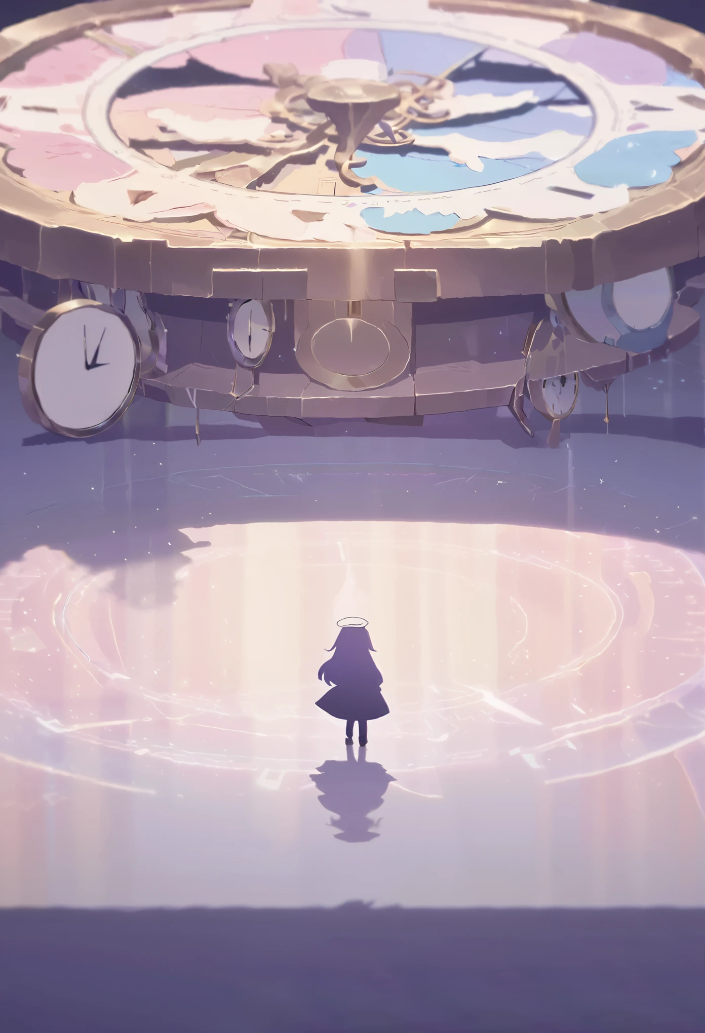 masterpiece, best quality, ultra-detailed, minimal object, chibi, Low Fidelity (lofi) art style, pastel pink and purple tones. A massive, minimal clock towers over a quiet square, its hands slowly ticking away the time. On the surface of the clock, soft, chibi-style shadow figures dance gracefully, their movements slow and fluid, as if they are part of the clock itself. The clock’s face is simple, with large, clean lines, and the surrounding square is empty and calm, illuminated by soft pastel light. A small chibi figure stands at the edge of the square, their back to the viewer, watching the shadowy dancers as they move in time with the ticking hands. The scene is both fantastical and peaceful, with the surreal image of shadows dancing on a giant clock creating a quiet, mesmerizing moment.