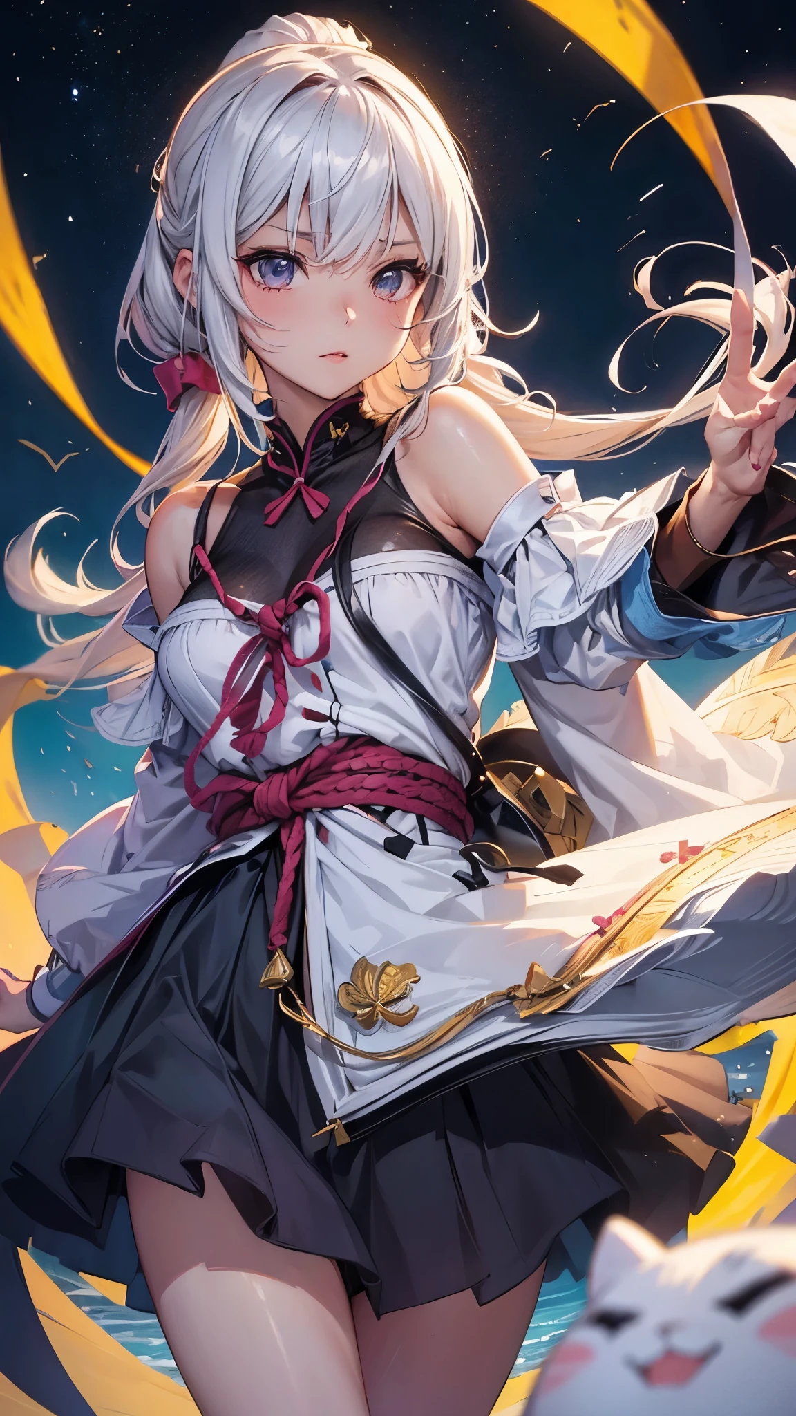 (masterpiece, best quality:1.3), (ultra detailed:1.3), (final fantasy artwork concept:1.5), (manga eyes + hair + clothes + body + face + colors + shoulders + eyes:1.3), (from below:1.3), Fujiwara no Mokou, Touhou Series, (anime, illustration:1.3), perfect face, expressive eyes, 1 girl, looking at viewer, 16 years old, beautiful, anime, lora, (silver hair, long hair, white shirt, red pants:1.3), (look evil:1.5), (sitting, fight stance:1.5), (cinematic lighting, realistic, dream-like, enchanting atmosphere:1.5), (an old japanese mansion with moonlight leaking, in bamboo forest, midnight, big full moon:1.3), (Mokou casting a spell, with hands glowing and ais-particlez emanating in a dazzling array of colors, enveloping the entire scene:1.5),