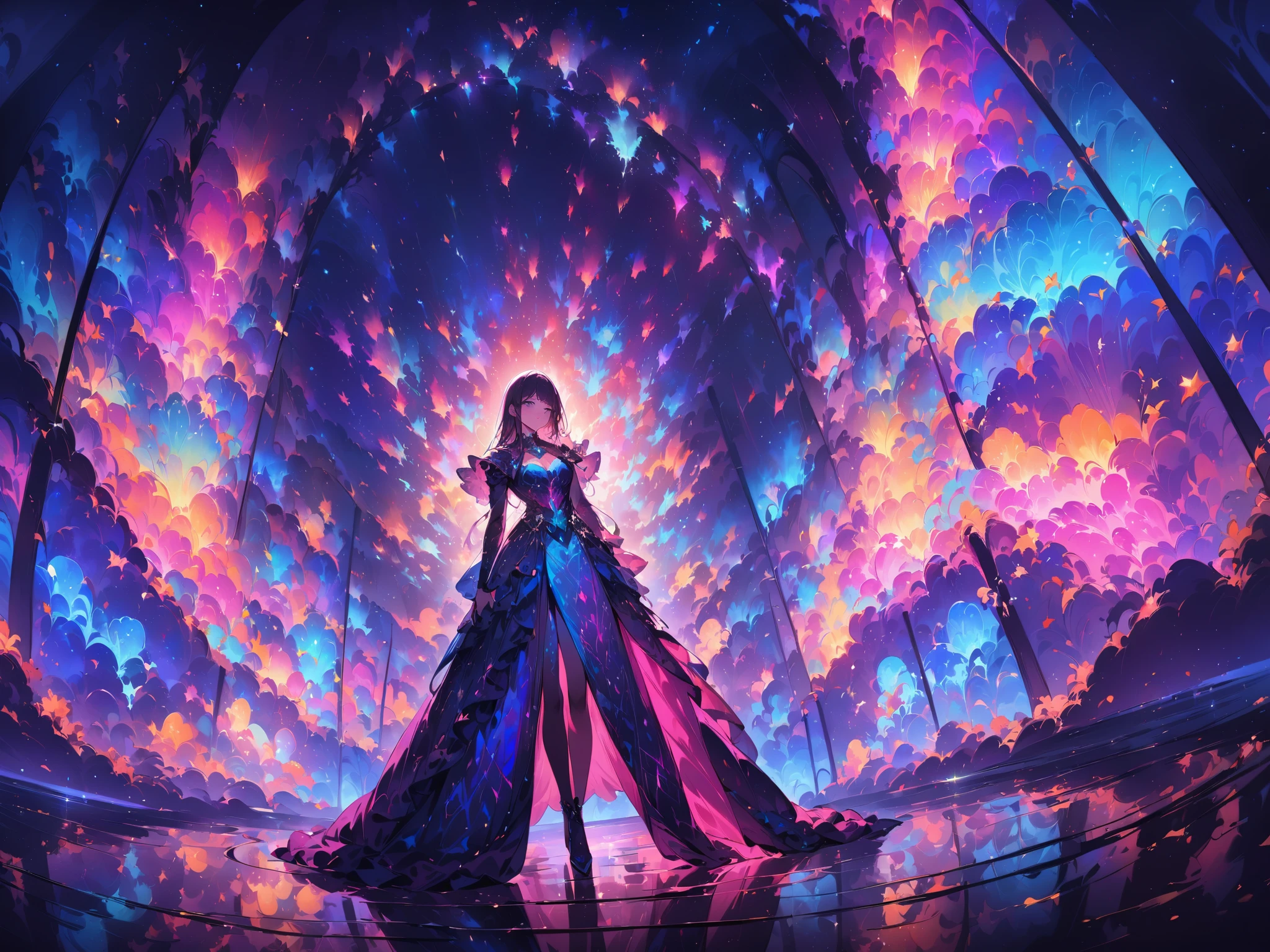 Models walking down a dark runway during a fashion show where only the outfits are illuminated. The garments feature bioluminescent patterns and glowing designs that change color and intensity with the movement of the models. The setting resembles a starry night or deep underwater scene, with light reflecting off surfaces to create a mystical atmosphere. The luminous outfits appear like works of art, standing out in sharp contrast against the darkness, giving the entire show a surreal and otherworldly vibe.
(masterpiece, best quality, very aesthetic, absurdres), (8k, RAW photo, best quality), (extremely detailed 8k wallpaper),