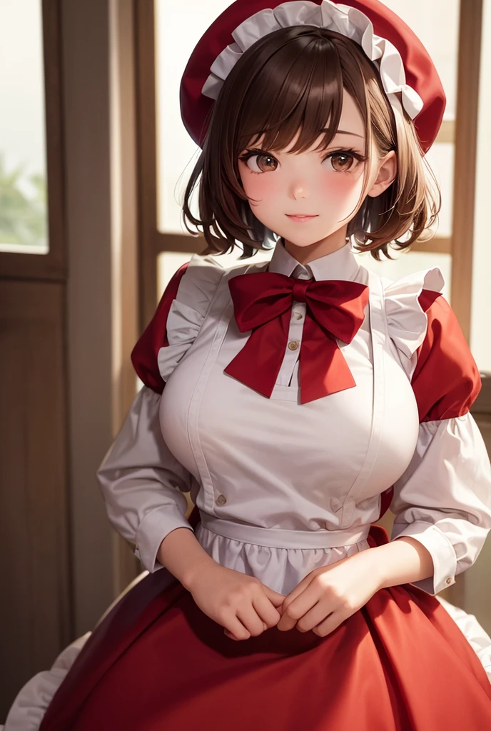 1girl, solo, looking at viewer, blush, smile, short hair, large breasts, brown hair, long sleeves, hat, closed mouth, brown eyes, frills, indoors, puffy sleeves, hand up, red bow, parted bangs, lips, maid headdress, window, red dress, juliet sleeves, white apron, red bowtie, red headwear, maid apron, frilled apron, christmas tree