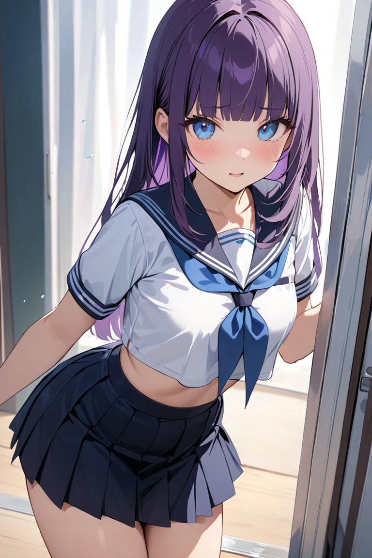 masterpiece、highest quality、Very detailed、Photograph the upper body、1 female、(Arms behind your back:1.4)、Are standing、Turn your body forward、View your viewers、(Sailor suit:1.4、mini skirt :1.4)、blush、shy、Purple Hair、Open your mouth、School corridor、Big Breasts、