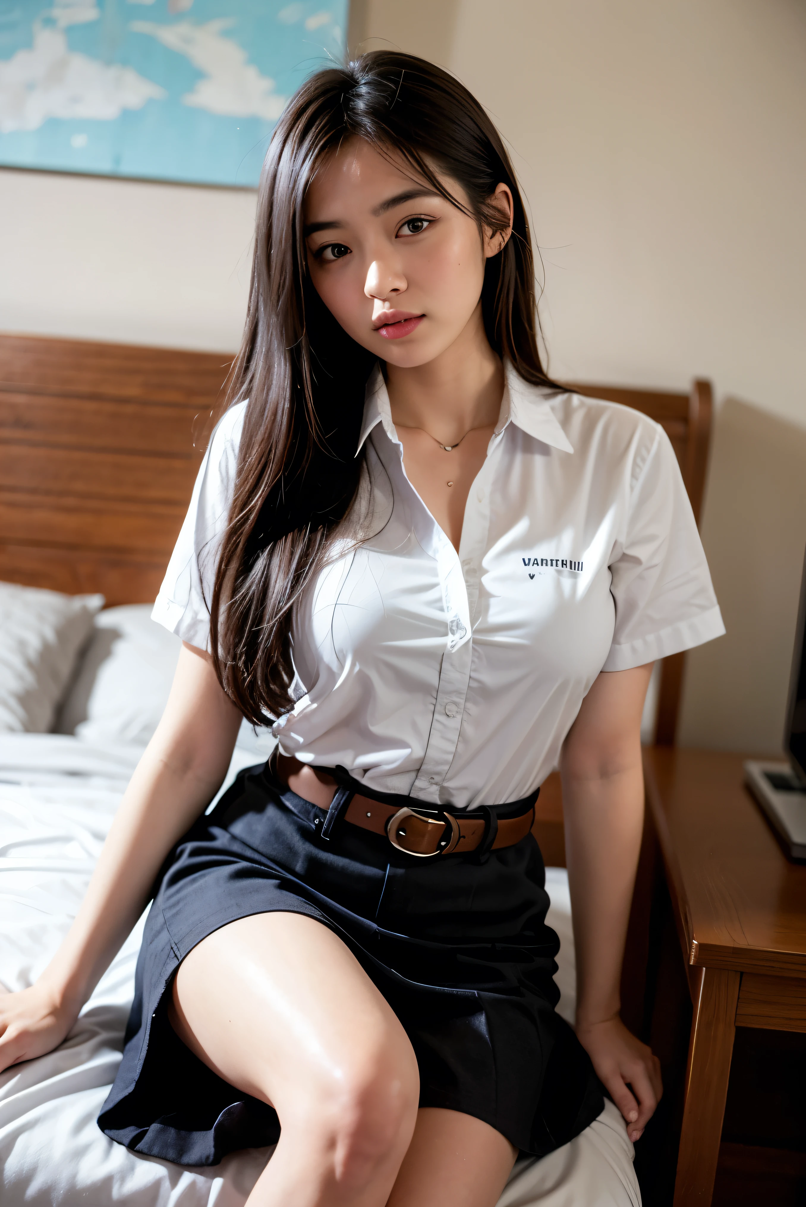 Japan girl, girl in her twenties, wavy little long hair, black hair, brown eyes, perfect figure, transparency, luster, luster, modest breasts, school uniform, navy blue tie, navy blue skirt, light blue shirt, pink panties, gravure idol, lying in bed, open legs, upright