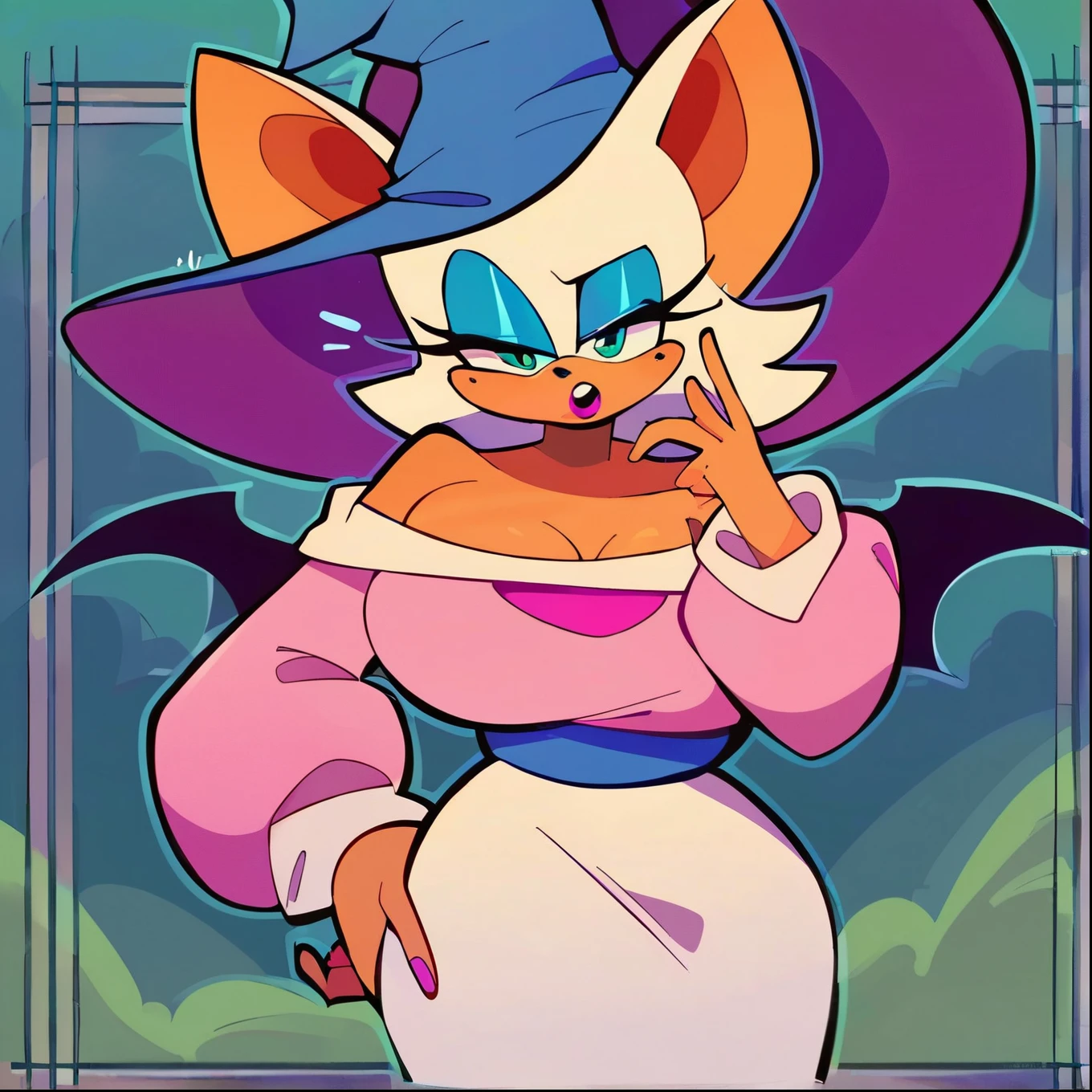 score_9, score_8_up, 2D, flat color, foggy forest background, looking at viewer, 1girl, very detailed, extremely detailed, Rouge the Bat from the sonic the hedgehog series, portrait, curious expression, small open mouth, mix of confusion and shock, sound lines, makeup, (witch attire), off shoulder, long sleeves, large witch hat, long pencil skirt, ((pantyhose)), large bust, milf
