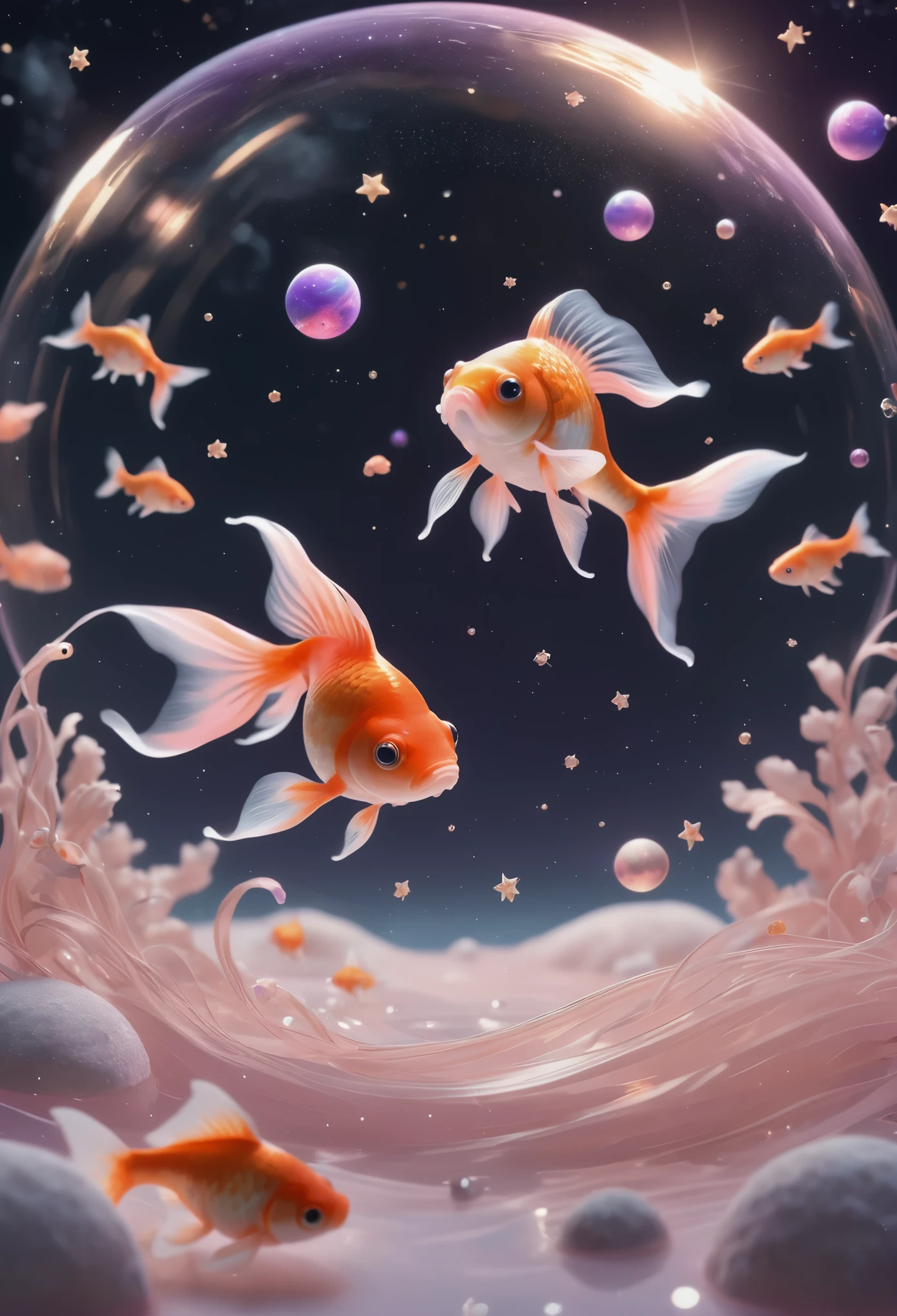 masterpiece, best quality, ultra-detailed, minimal object, chibi, Low Fidelity (lofi) art style, pastel pink and purple tones. A group of small, chibi-style goldfish gently swim through the vastness of space, their tails trailing behind them like soft pastel ribbons. The stars and planets in the background are softly glowing, creating a dreamlike atmosphere. The goldfish move slowly, as if they are drifting peacefully through an ocean of stars. A small chibi figure floats nearby, their back to the viewer, reaching out towards one of the goldfish as it swims past. The surreal image of goldfish swimming through space creates a calming, peaceful moment that feels both impossible and serene.