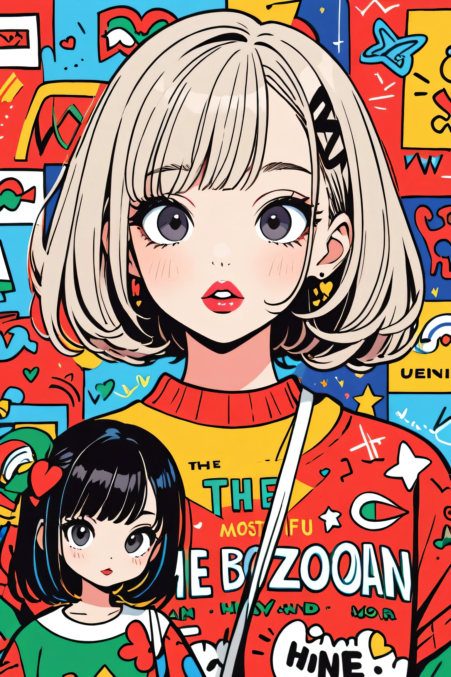 Ultra-realism Keith Haring colorful style, simple line acronym ,Abstract art,(((The most beautiful girls))), Kind Face. Lips in Love, Pop and stylish design , Dark Eyes, (((Holiday Room))), (((Cute Protozoan)))